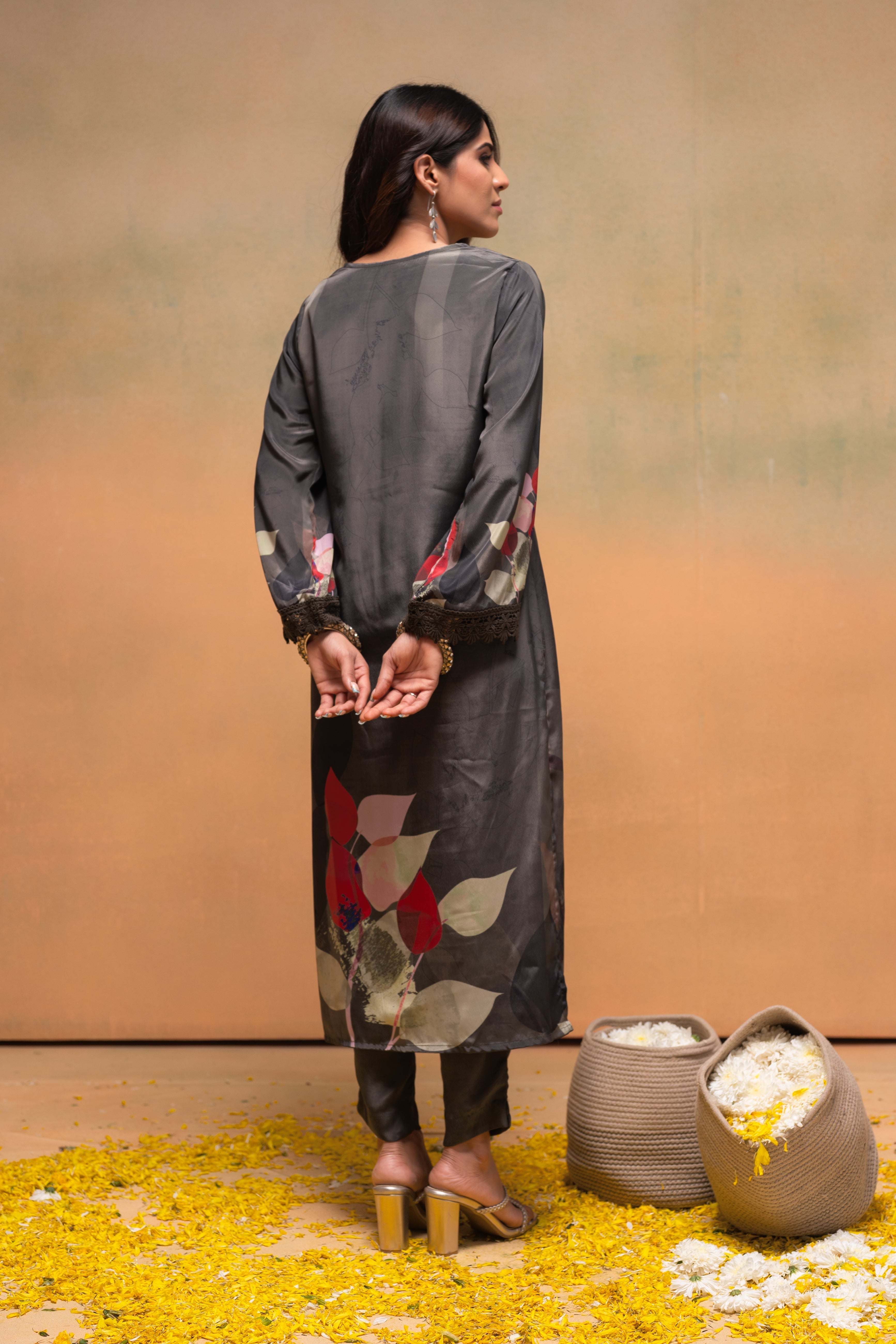 Olive Manmade Fiber Floral Printed Kurta With Pants & Dupatta Set With