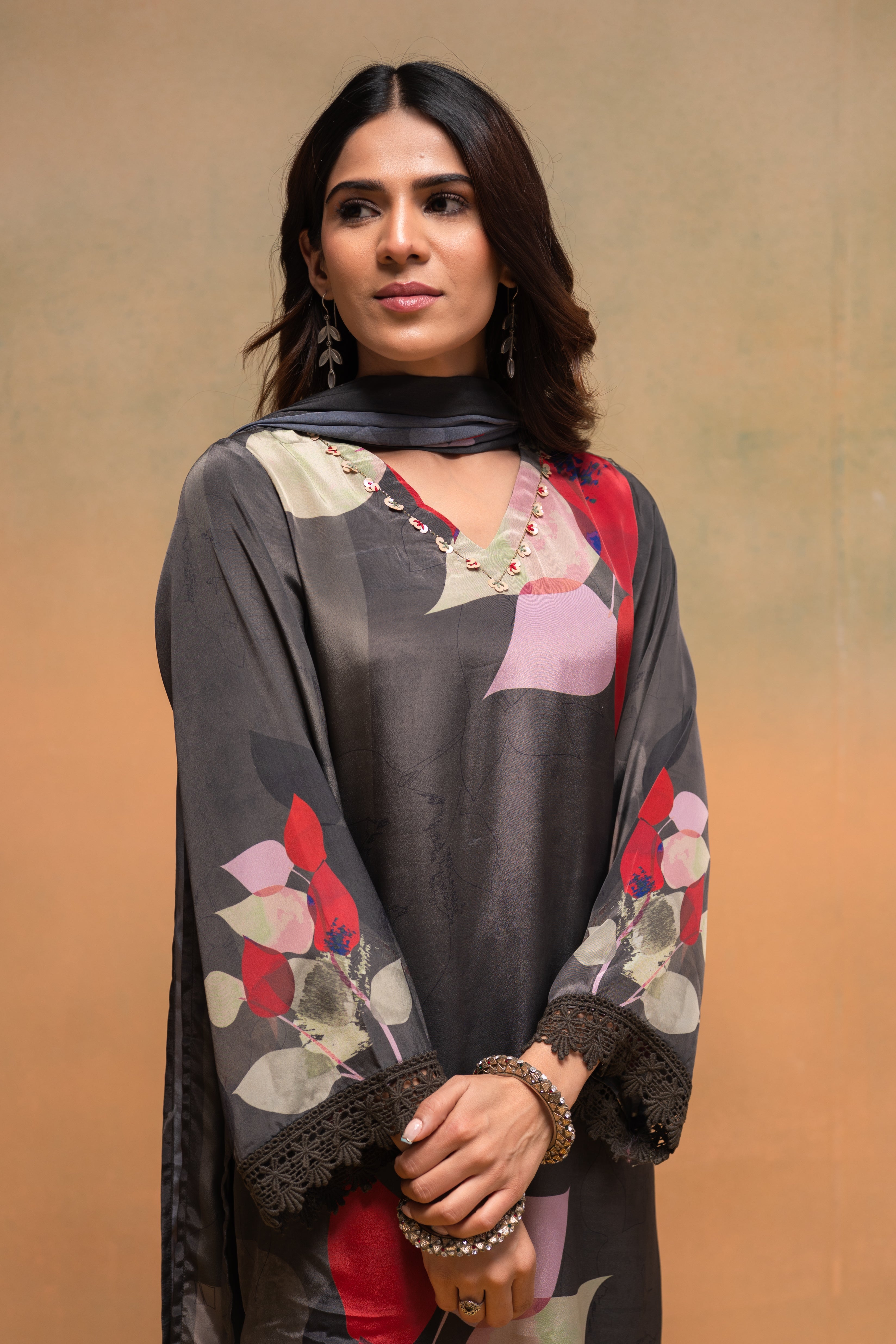 Olive Manmade Fiber Floral Printed Kurta With Pants & Dupatta Set With