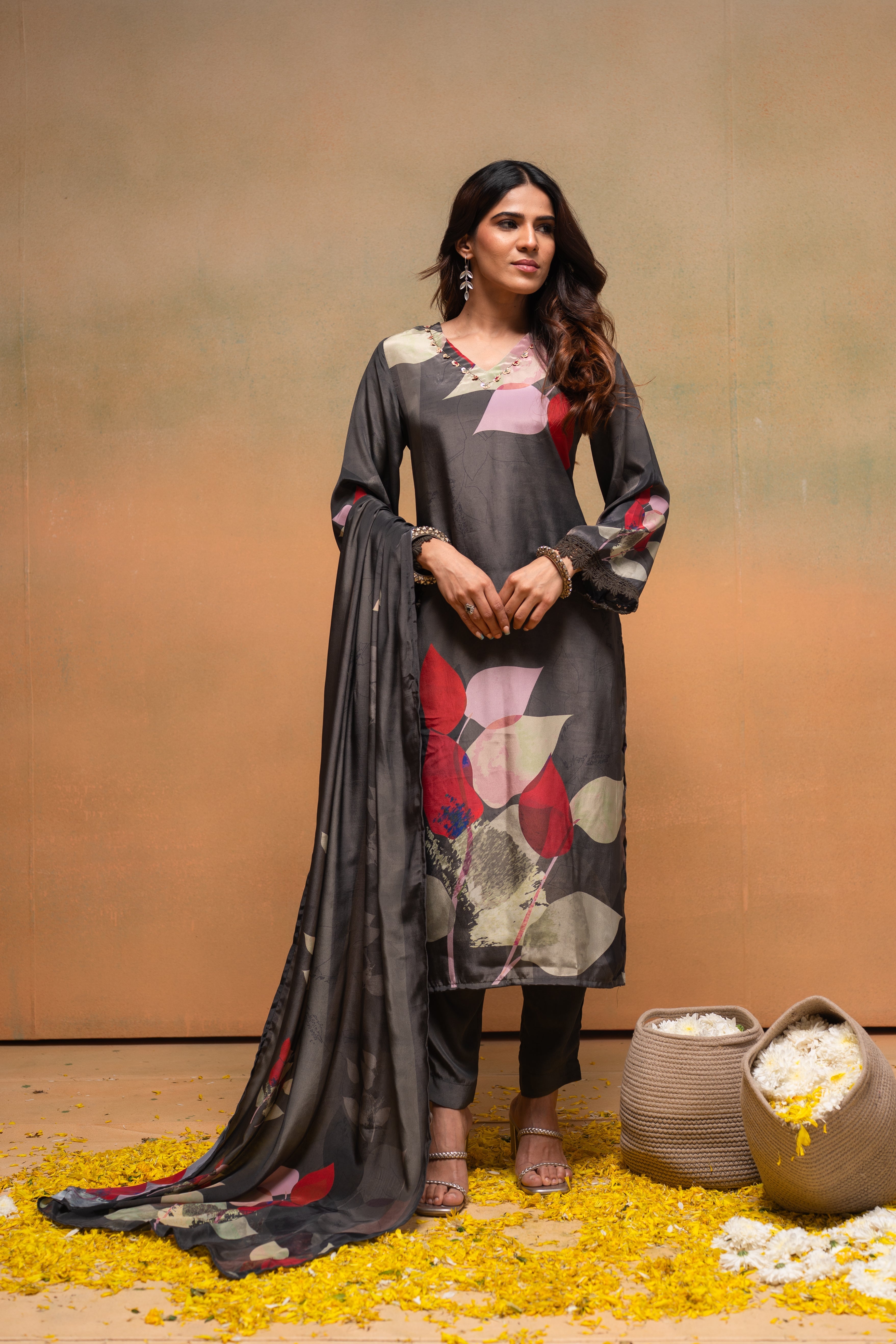 Olive Manmade Fiber Floral Printed Kurta With Pants & Dupatta Set With