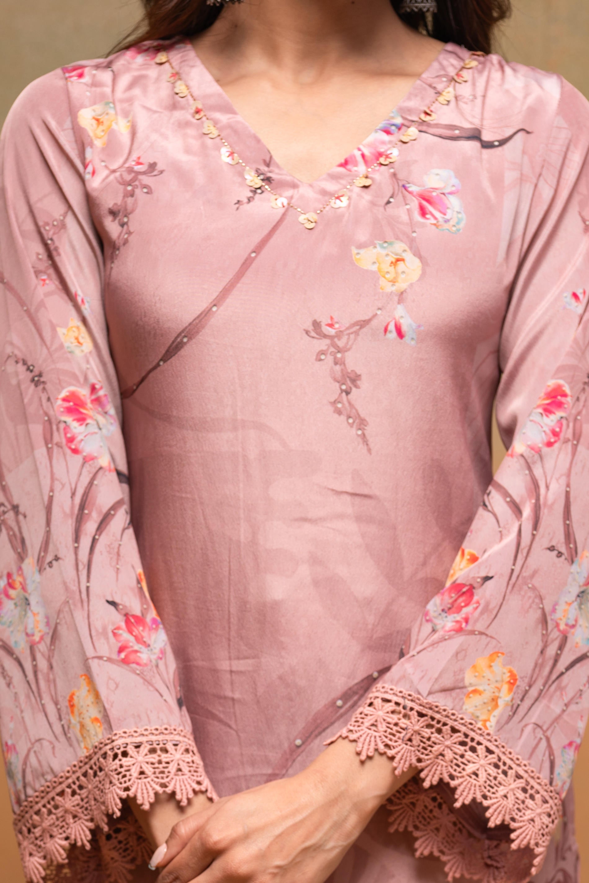 Peach Floral Embellished Straight Kurta Pant and Dupatta Set with Bead
