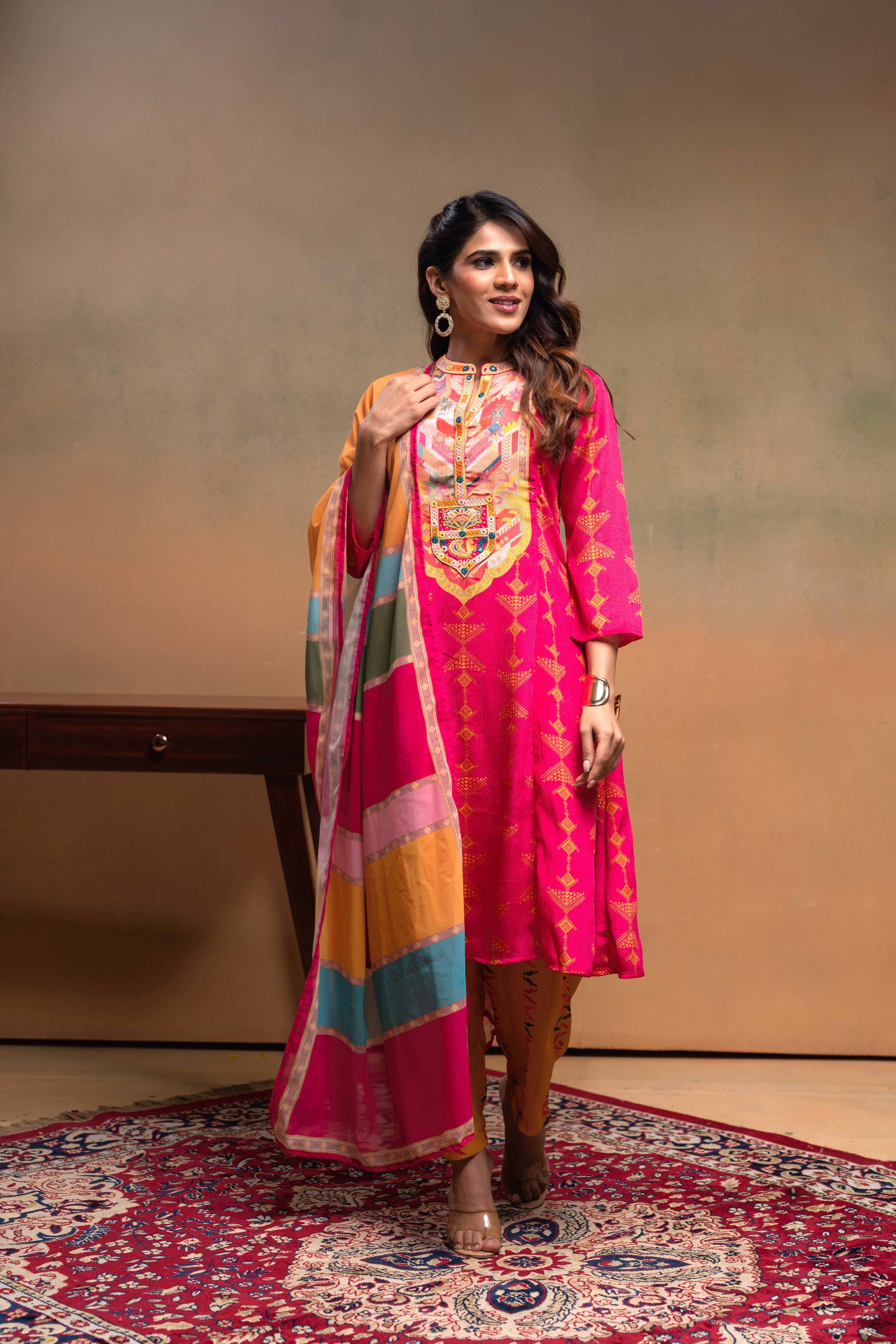 Fuchsia Manmade Fiber Ethnic A-Line Kurta With Pants & Dupatta Set Wit