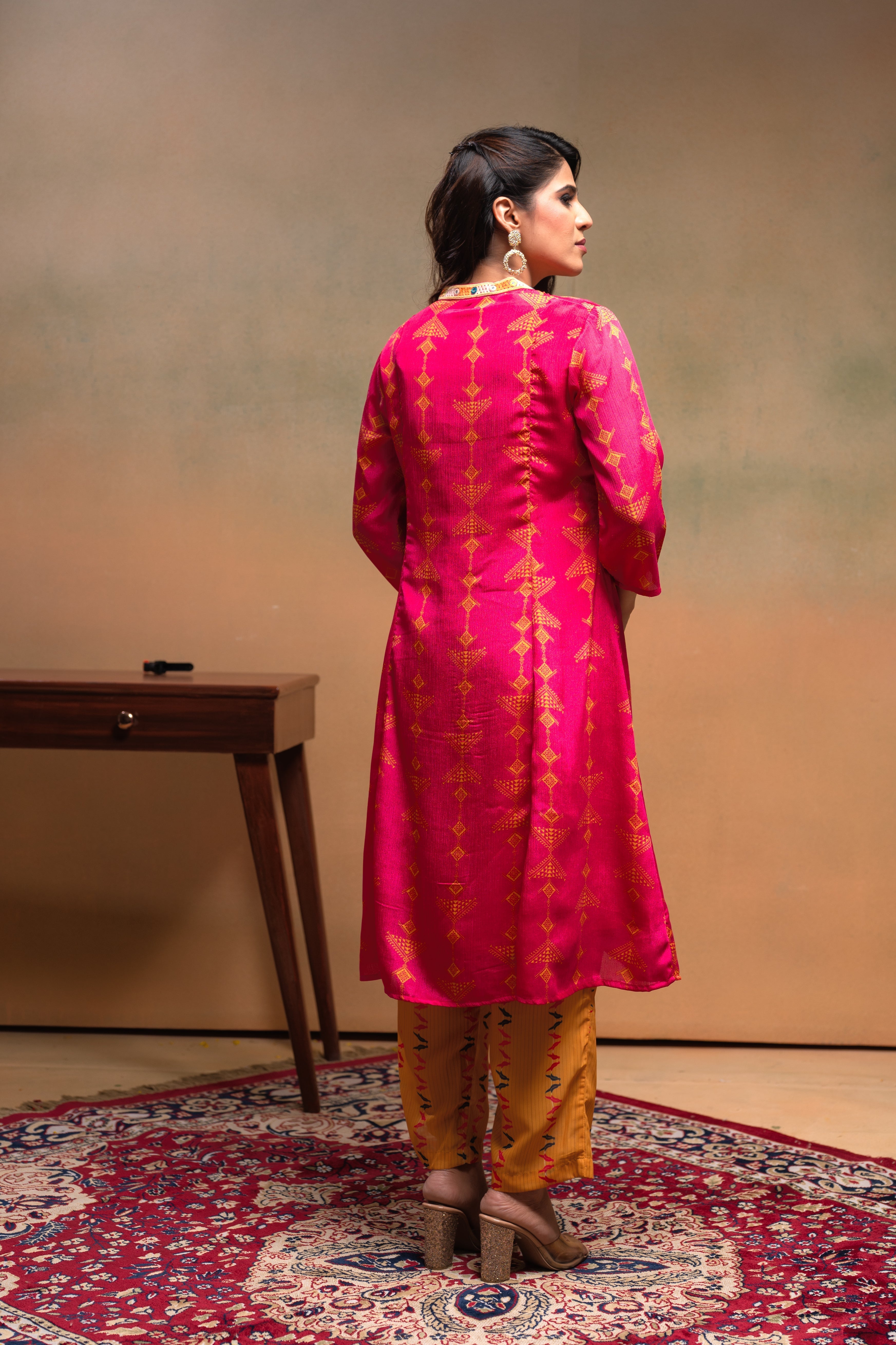 Fuchsia Manmade Fiber Ethnic A-Line Kurta With Pants & Dupatta Set Wit