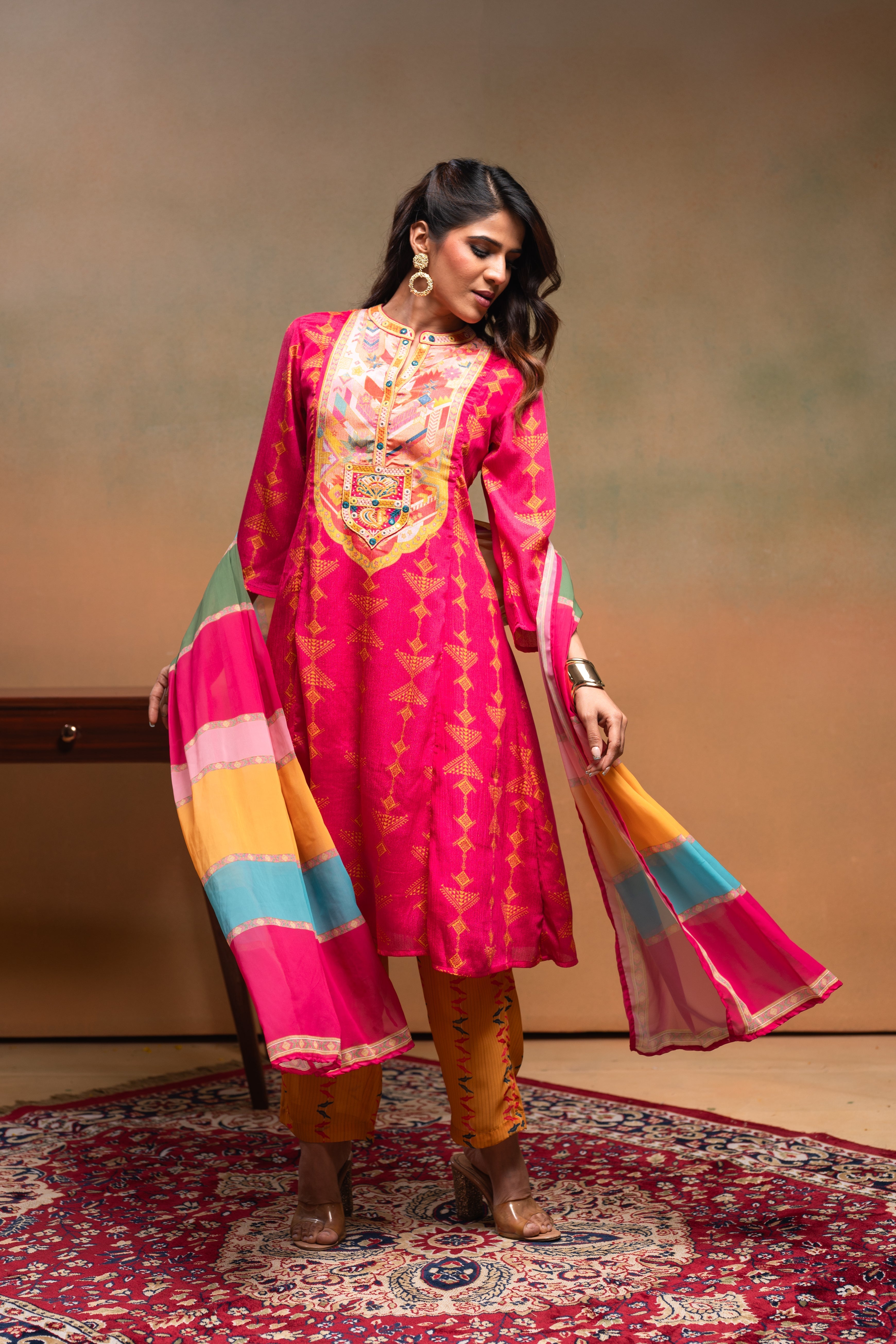 Fuchsia Manmade Fiber Ethnic A-Line Kurta With Pants & Dupatta Set Wit