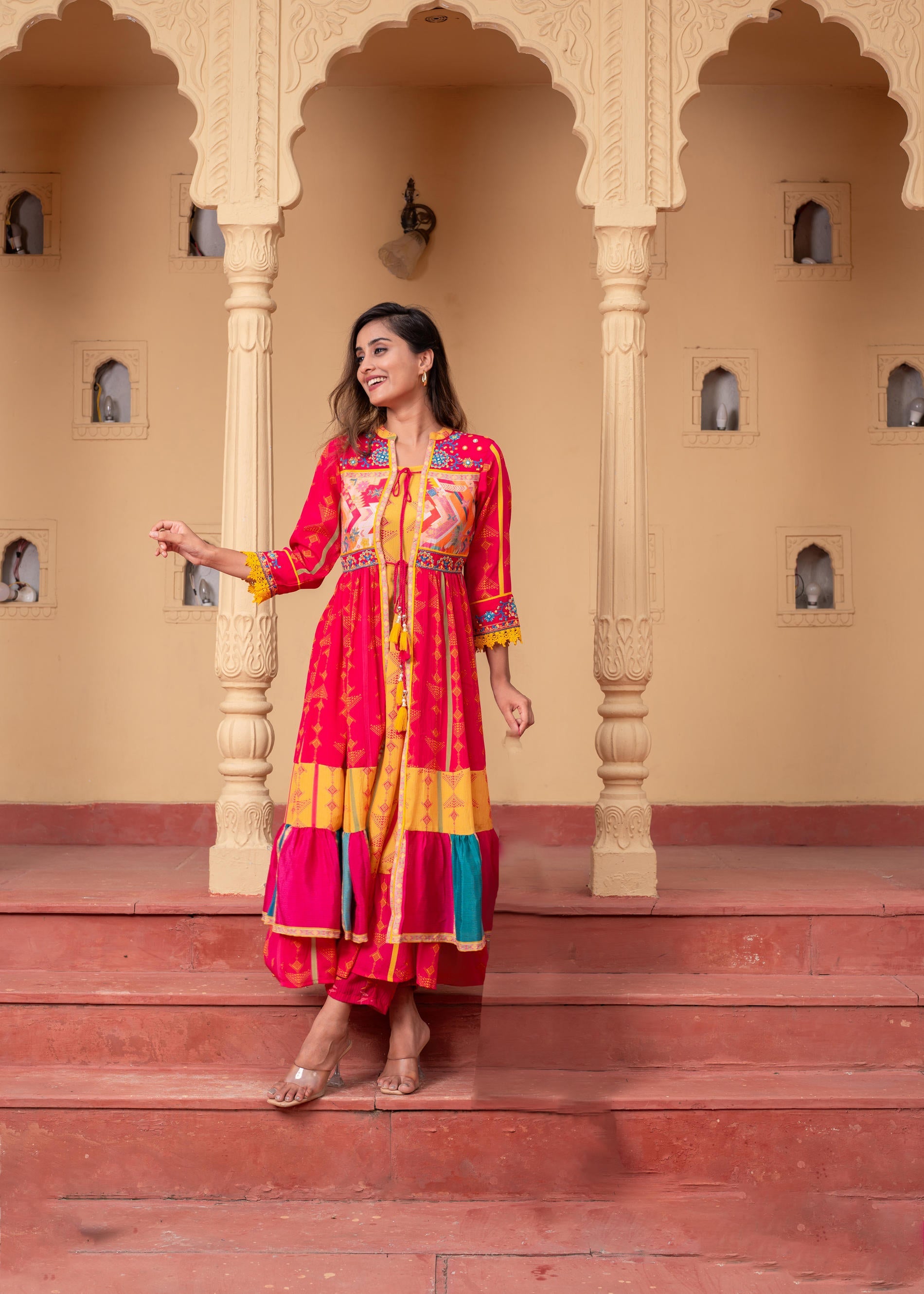 Fuchsia Manmade Fiber Ethnic Gathered Flared Longdress With Mirror & Thread Work