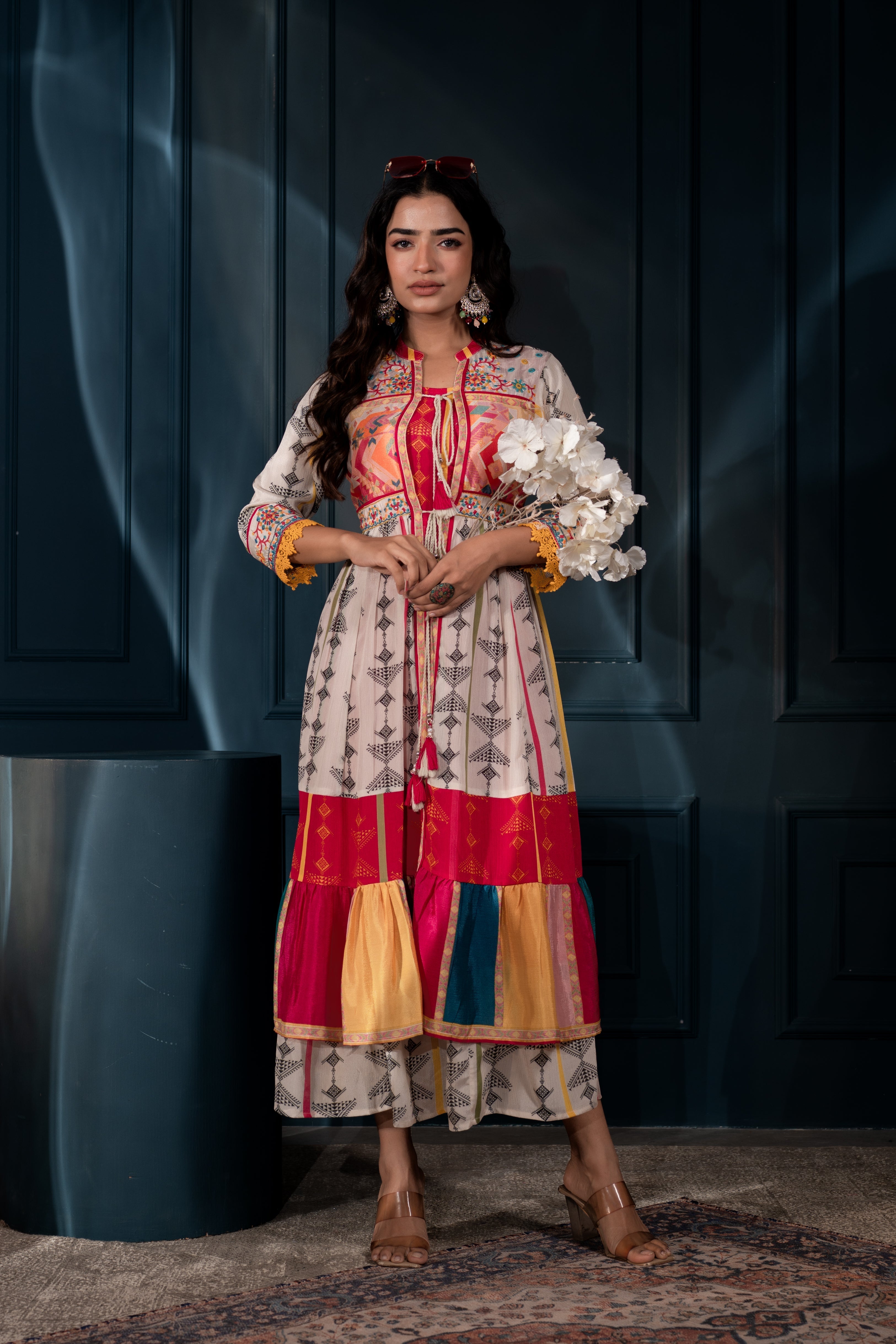 Ivory Manmade Fiber Ethnic Gathered Flared Longdress With Mirror & Thr