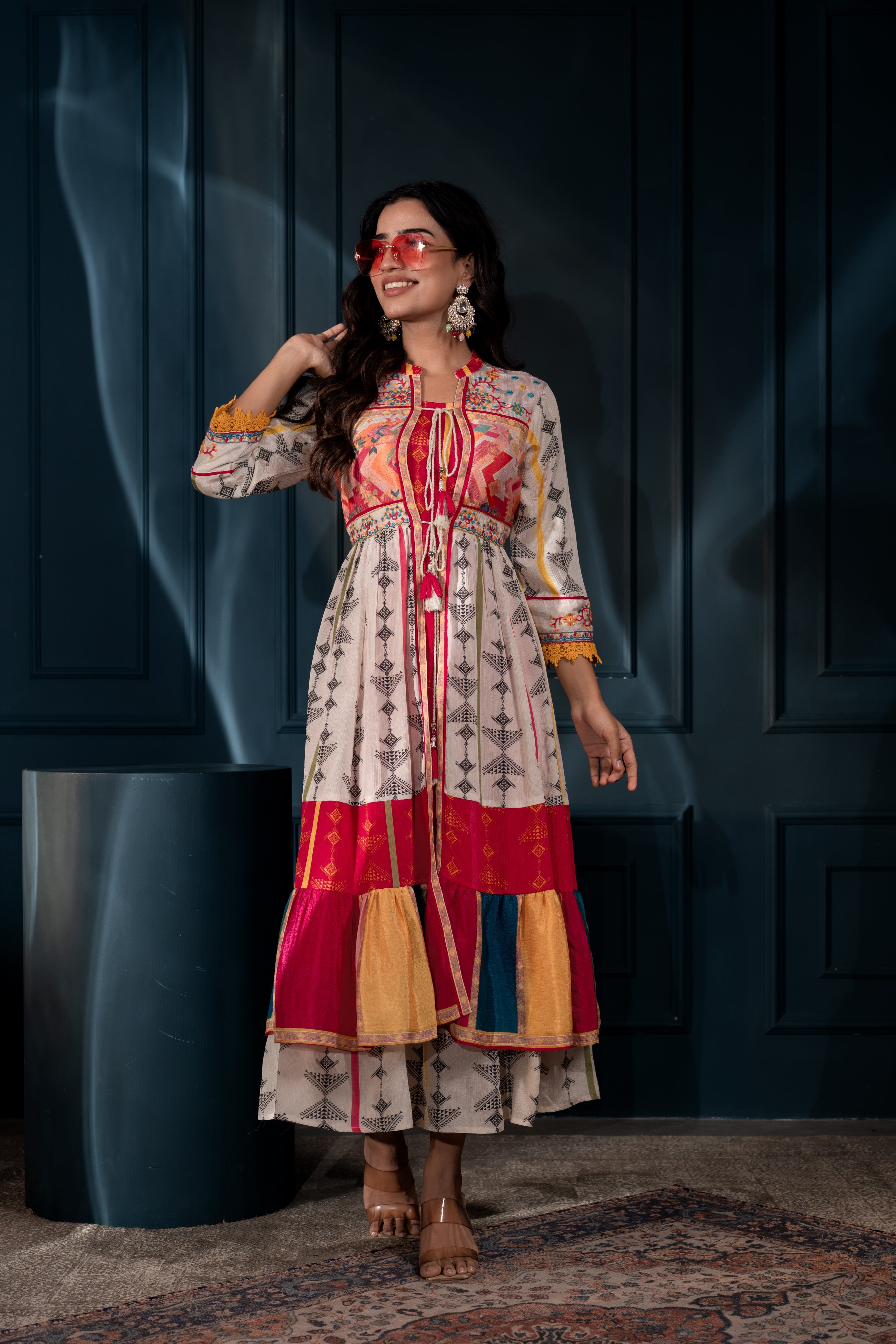 Ivory Manmade Fiber Ethnic Gathered Flared Longdress With Mirror & Thr