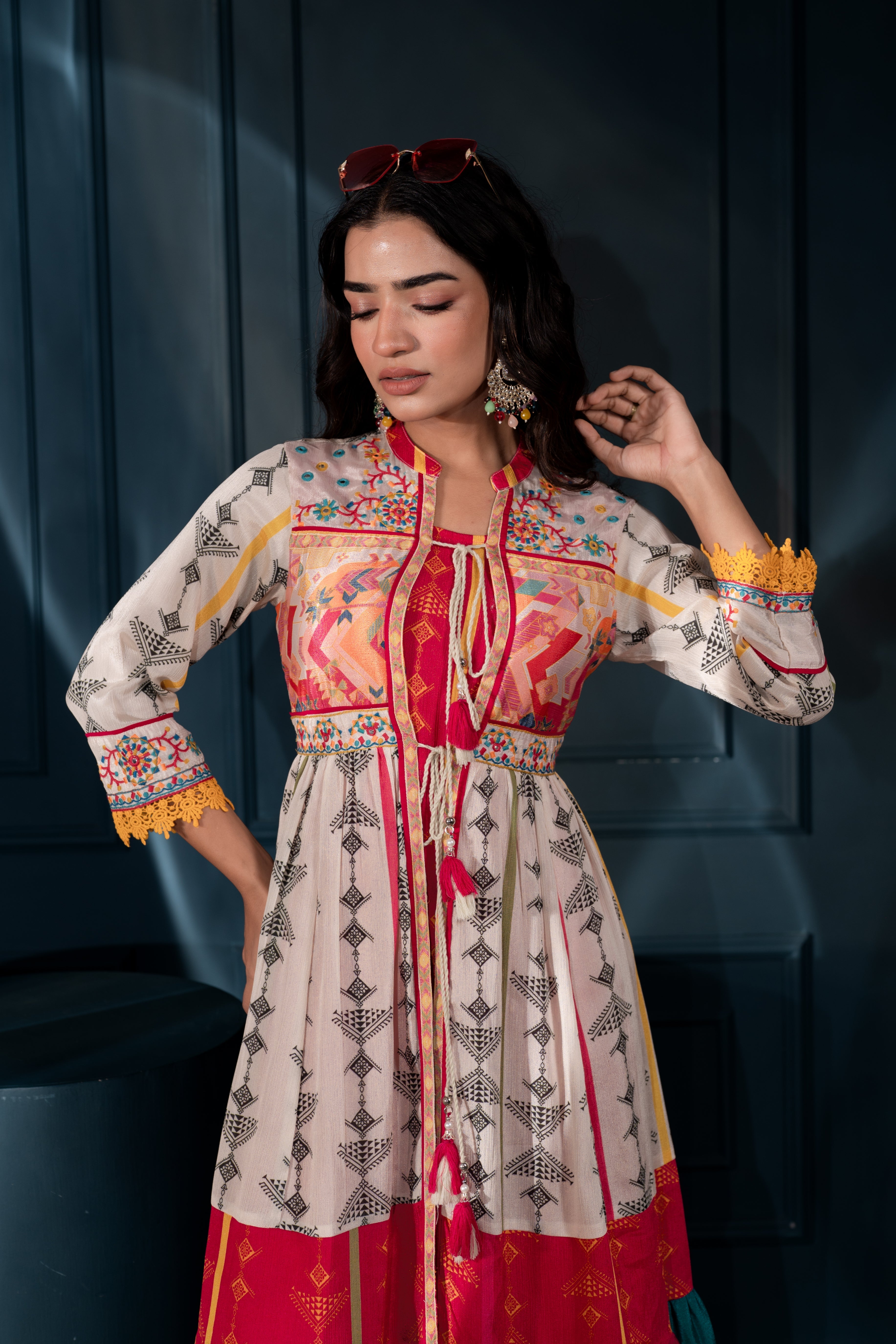 Ivory Manmade Fiber Ethnic Gathered Flared Longdress With Mirror & Thr