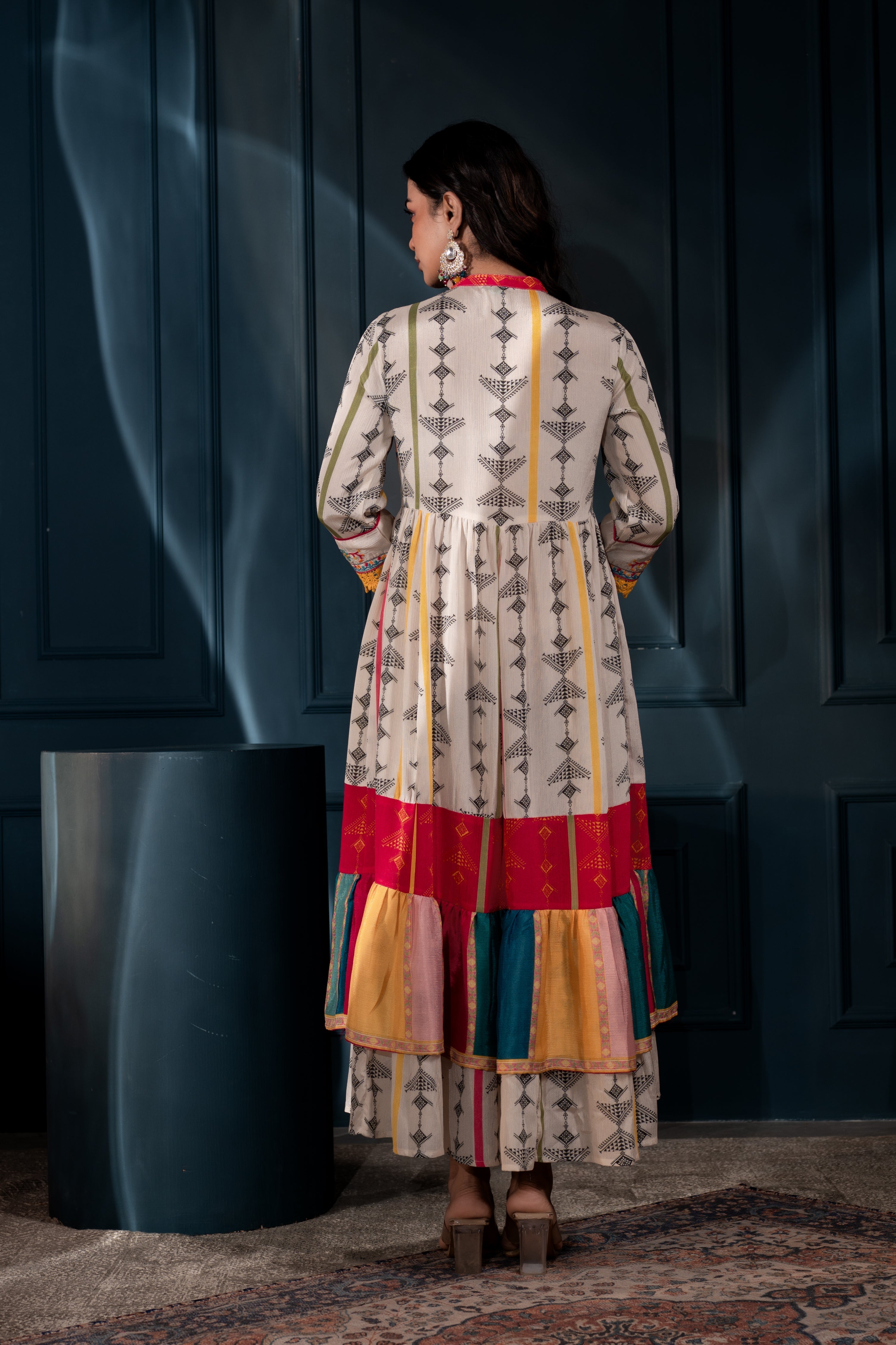 Ivory Manmade Fiber Ethnic Gathered Flared Longdress With Mirror & Thr