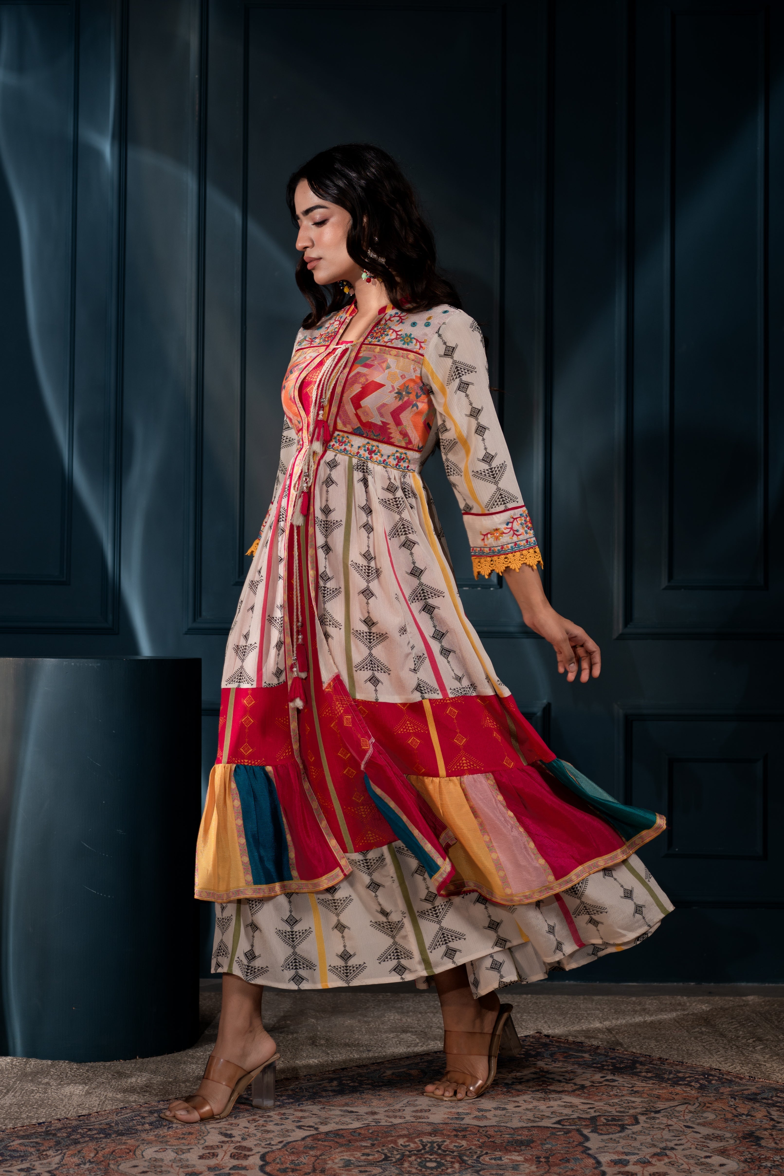 Ivory Manmade Fiber Ethnic Gathered Flared Longdress With Mirror & Thr