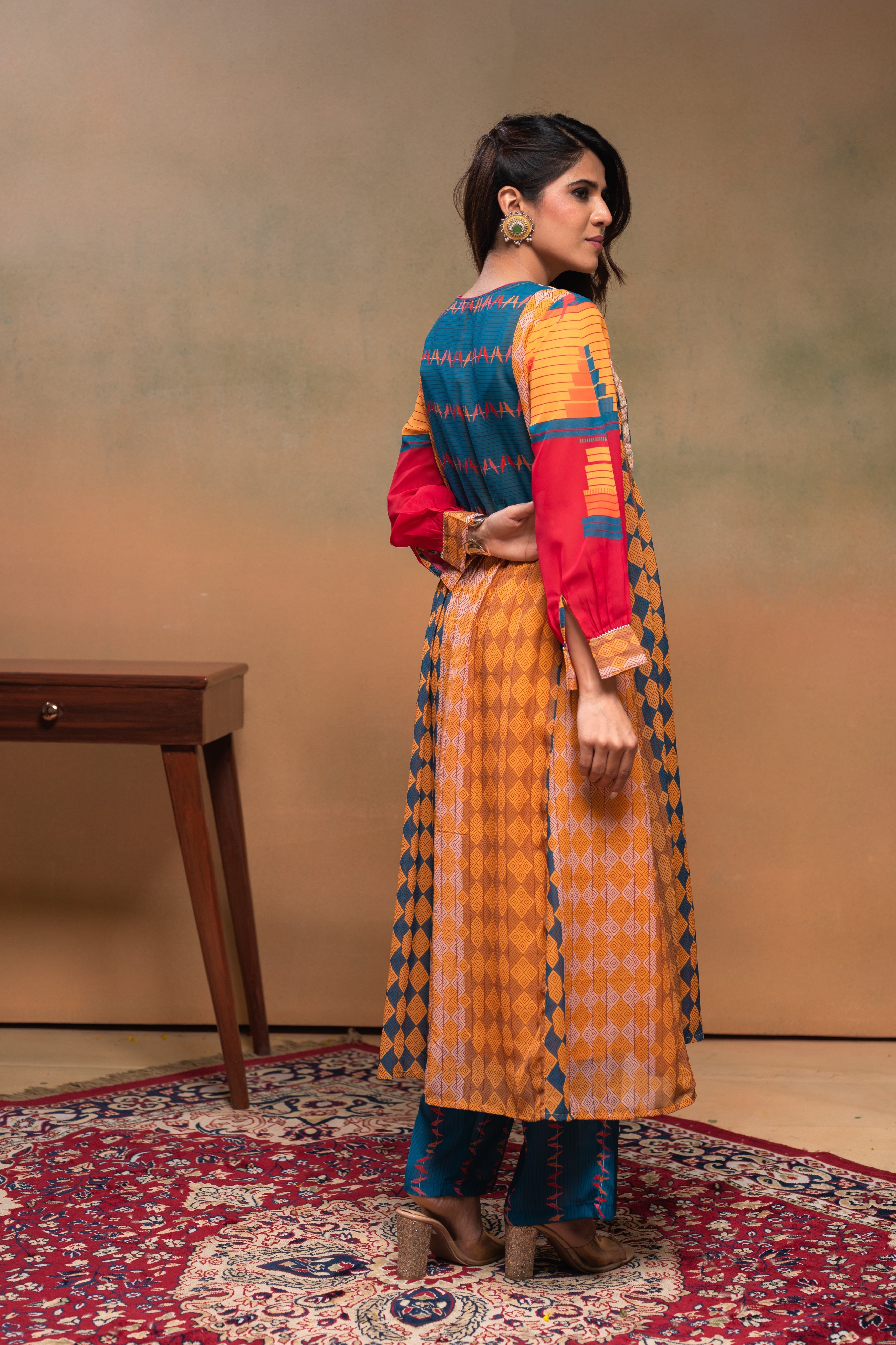 Mustard Manmade Fiber Ethnic Gathered Flared Kurta With Pants & Dupatt