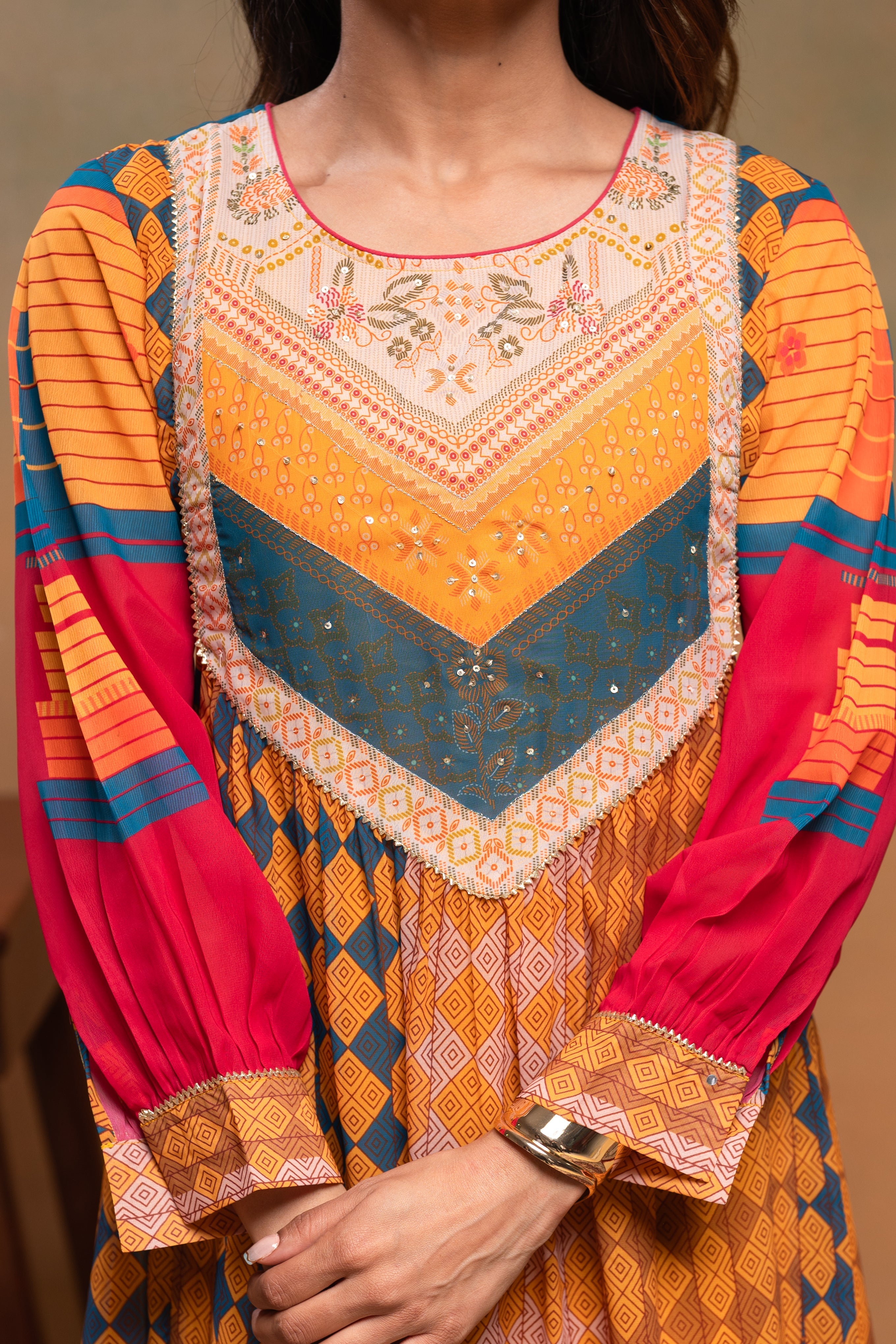 Mustard Manmade Fiber Ethnic Gathered Flared Kurta With Pants & Dupatt