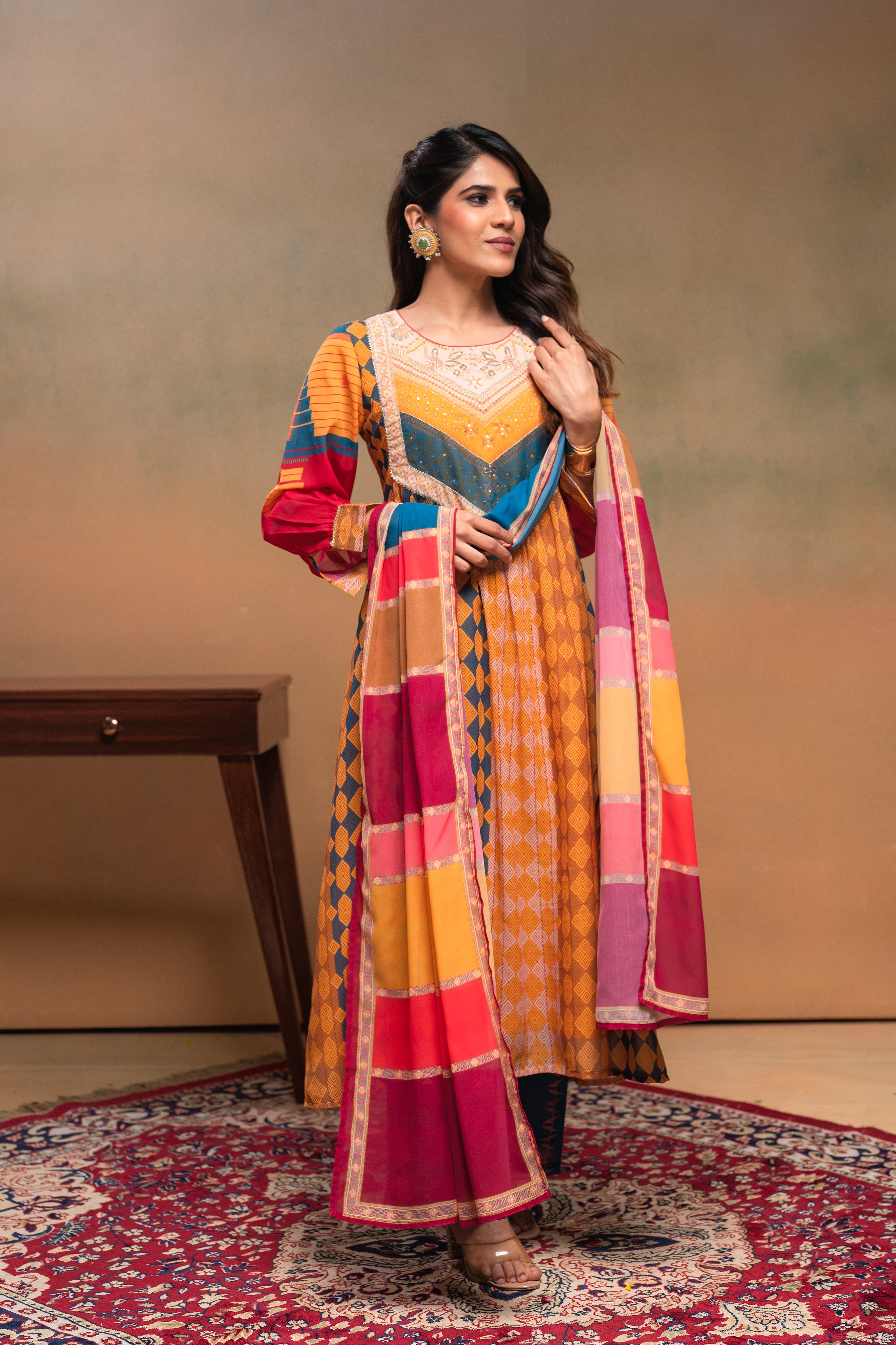 Mustard Manmade Fiber Ethnic Gathered Flared Kurta With Pants & Dupatt