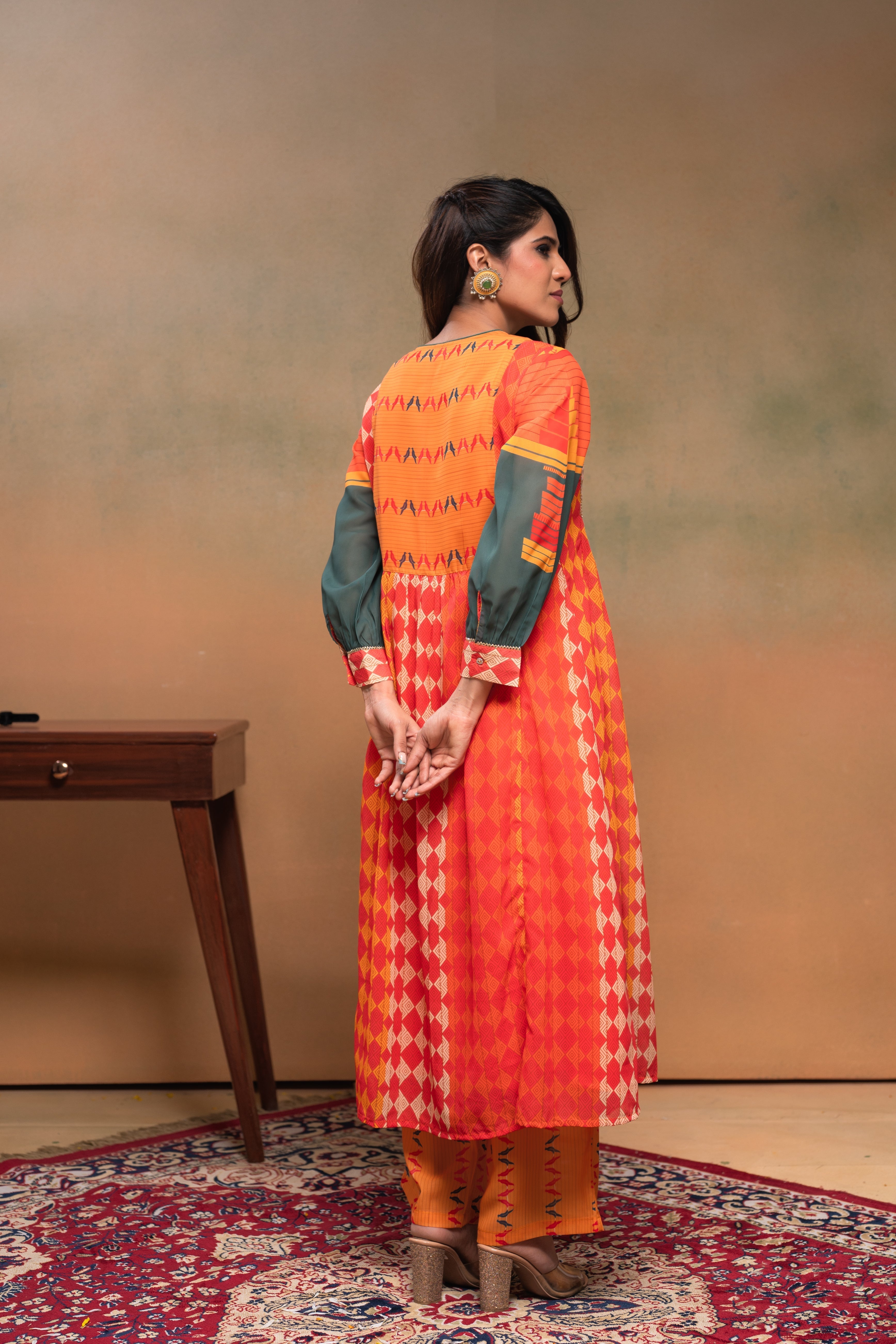 Orange Manmade Fiber Ethnic Gathered Flared Kurta With Pants & Dupatta