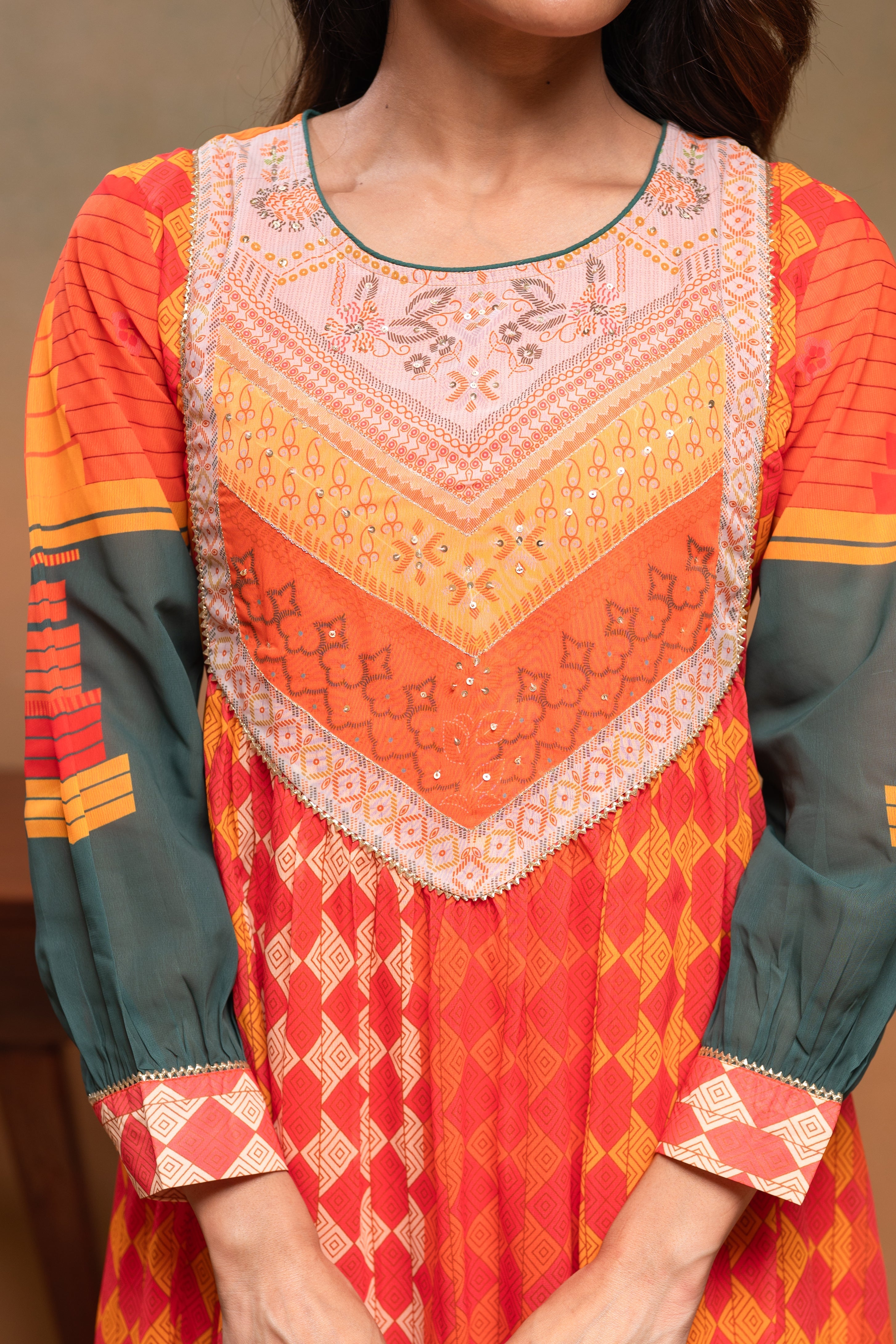Orange Manmade Fiber Ethnic Gathered Flared Kurta With Pants & Dupatta