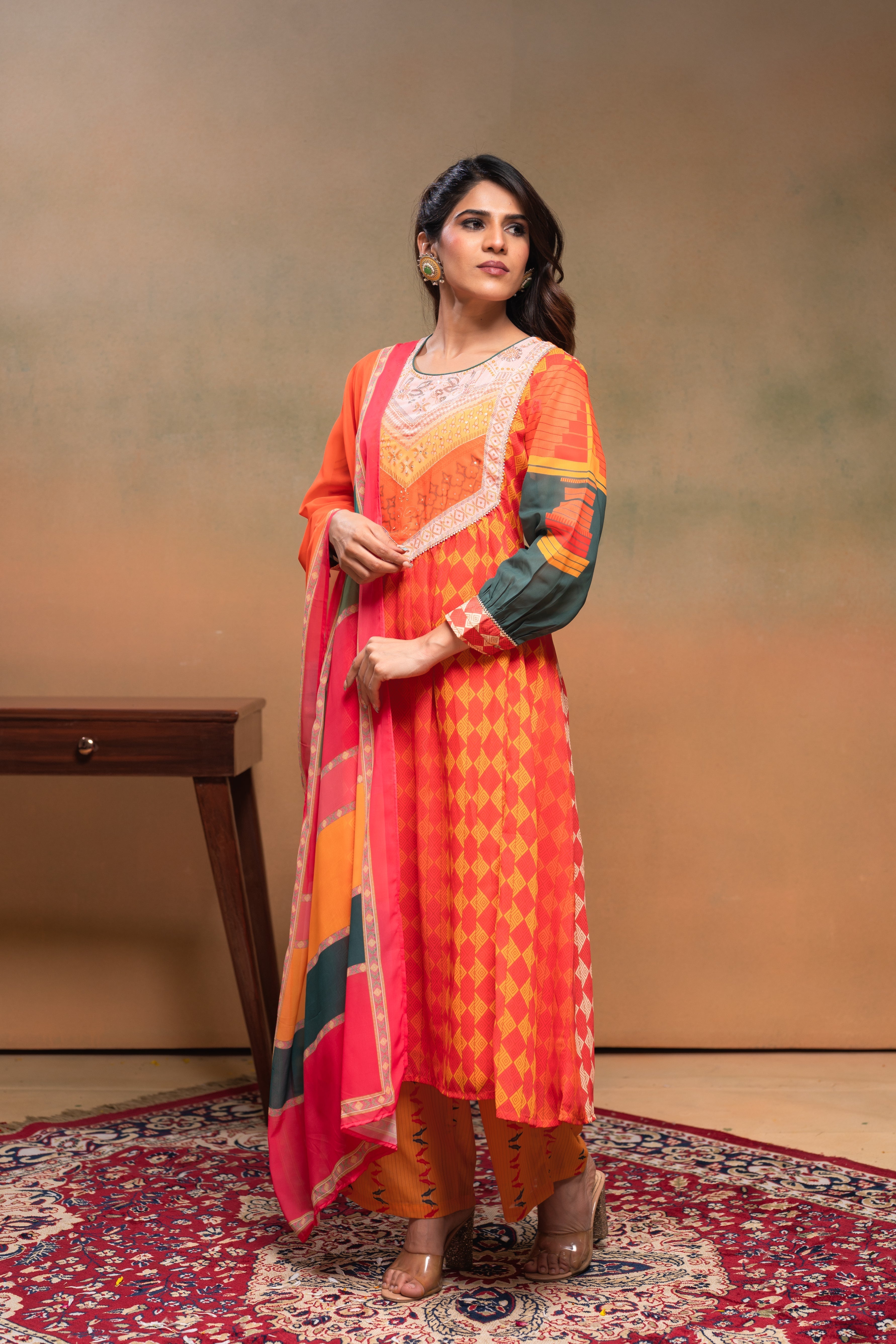 Orange Manmade Fiber Ethnic Gathered Flared Kurta With Pants & Dupatta