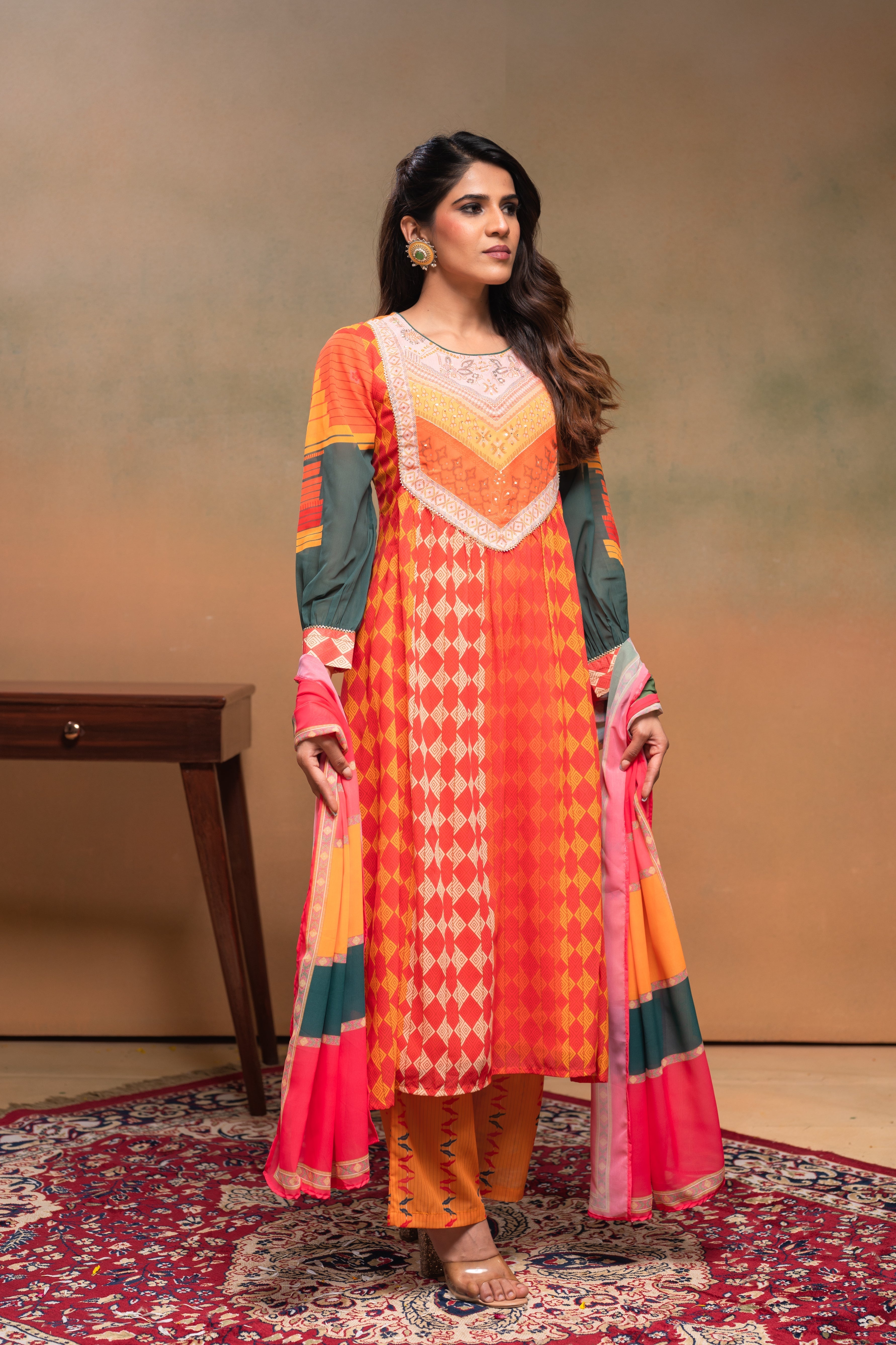 Orange Manmade Fiber Ethnic Gathered Flared Kurta With Pants & Dupatta
