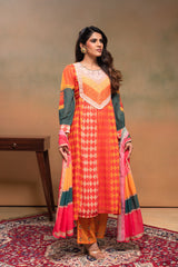 Orange Manmade Fiber Ethnic Gathered Flared Kurta With Pants & Dupatta Set With Beads & Sequence Work