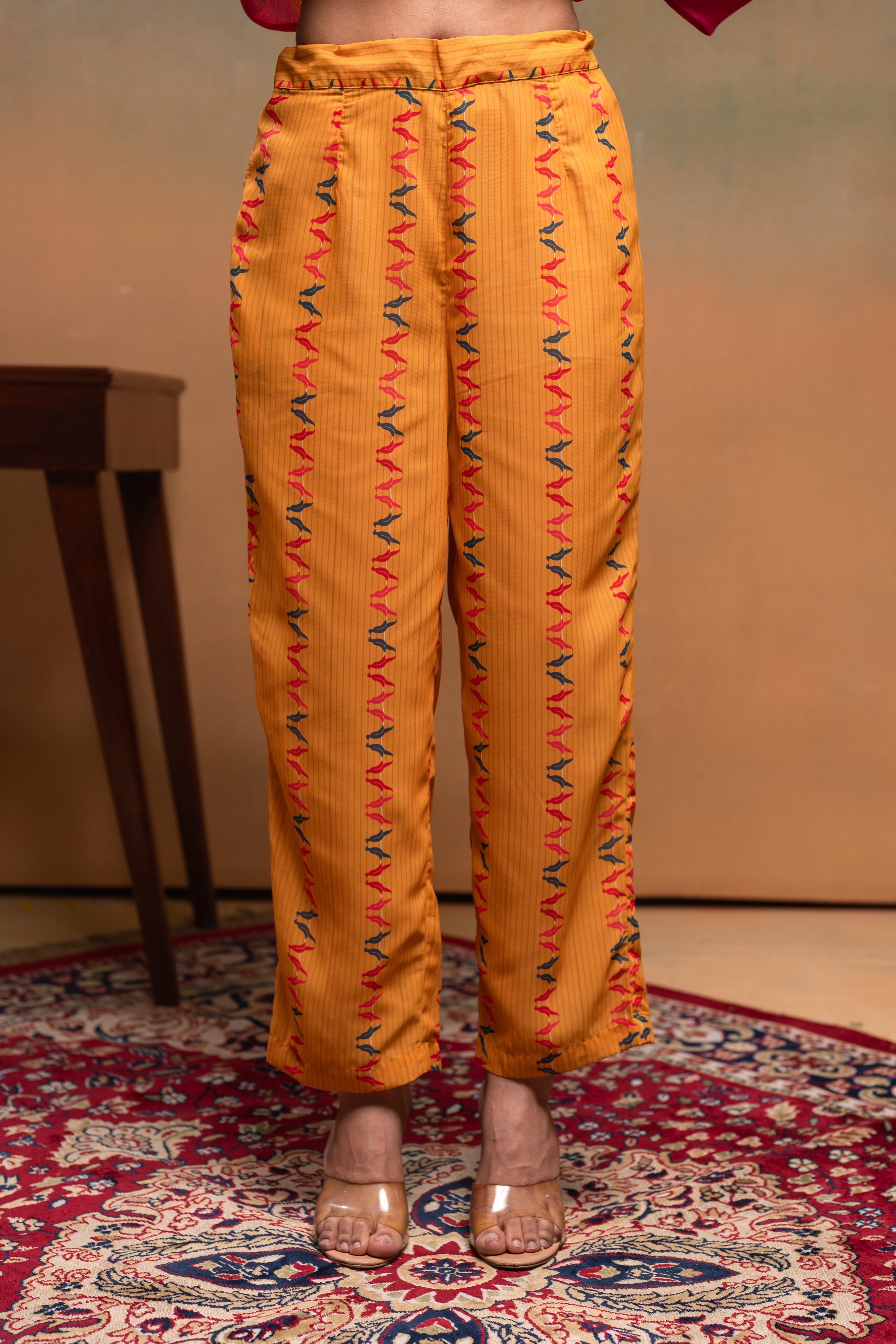 Orange Manmade Fiber Ethnic Gathered Flared Kurta With Pants & Dupatta