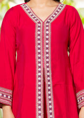 Red Embroidered V-Neck Co-ord Set with Straight Pants