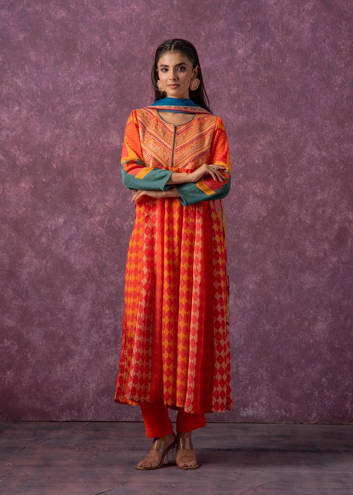 Manmade Fiber Orange Embroidered Color Block Kurta Pant Dupatta Set with Mirror & Thread Work