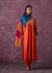 Manmade Fiber Orange Embroidered Color Block Kurta Pant Dupatta Set with Mirror & Thread Work