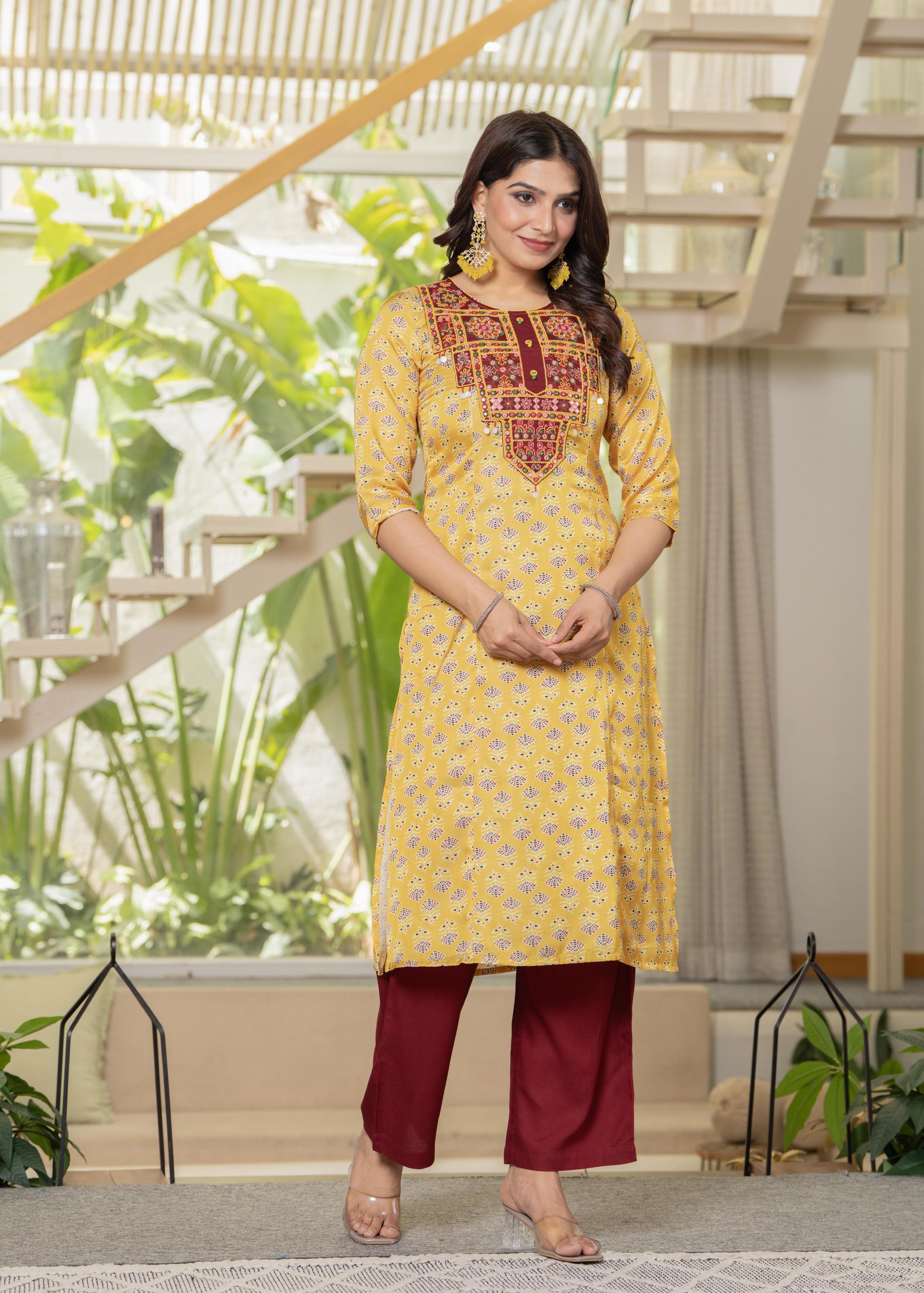 Yellow Floral Poly Kurta and Pants Set with Mirror, Thread Work and Te