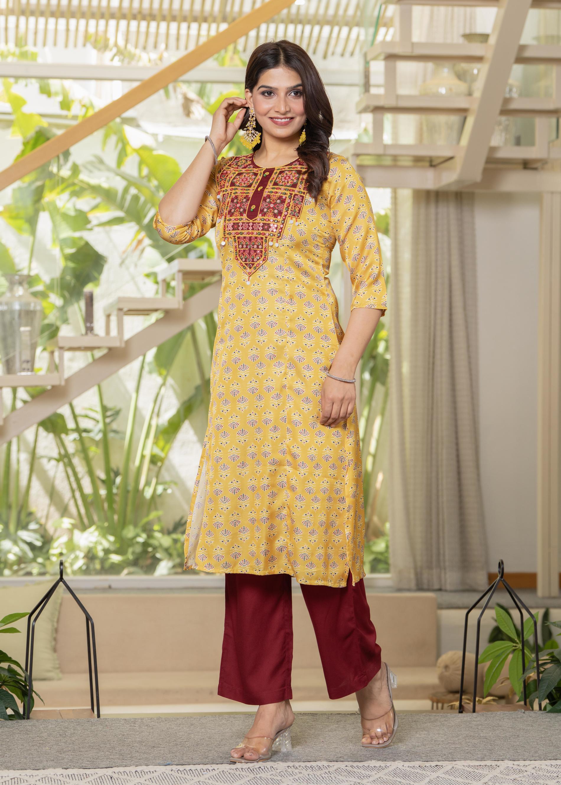Yellow Floral Poly Kurta and Pants Set with Mirror, Thread Work and Te