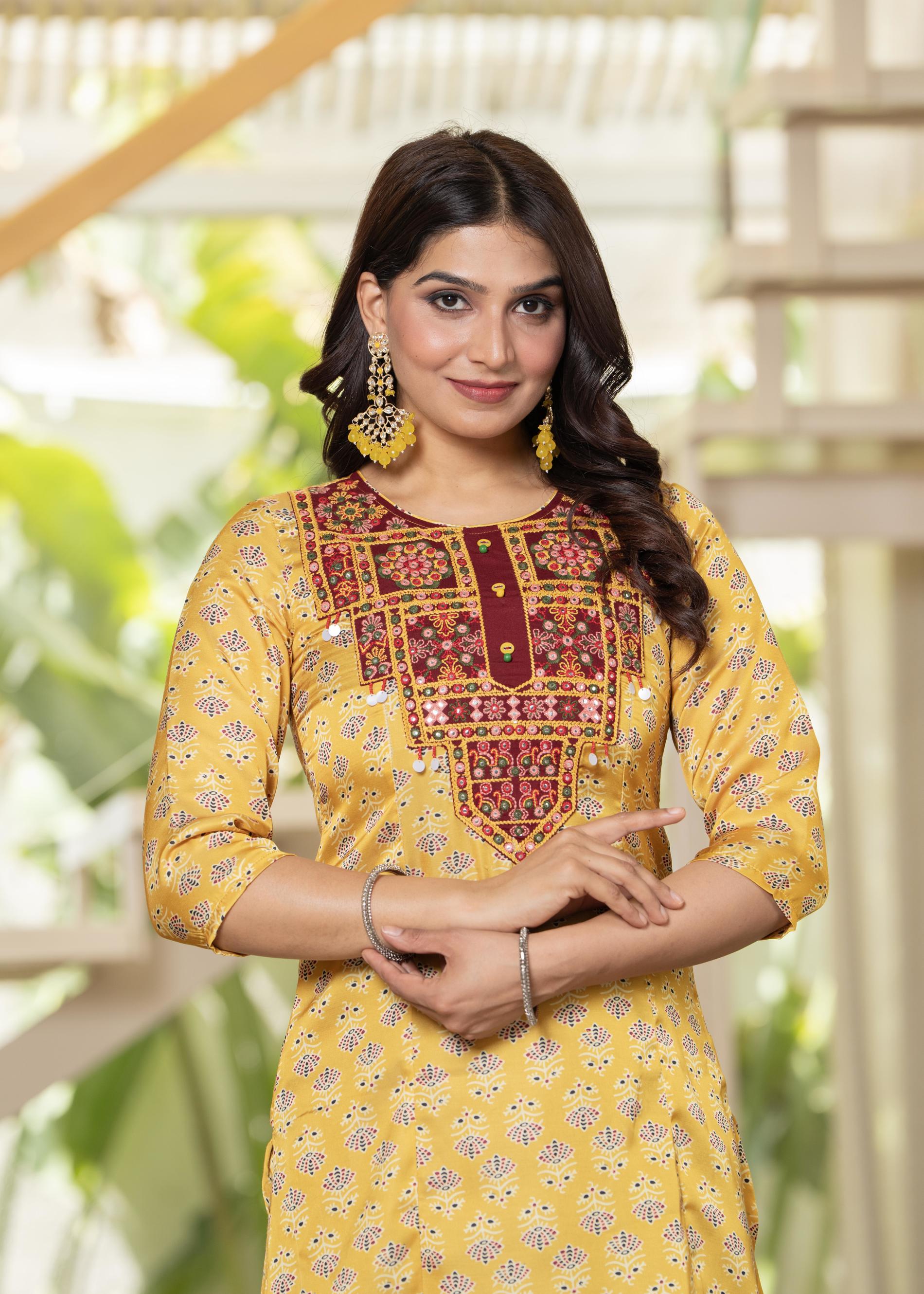 Yellow Floral Poly Kurta and Pants Set with Mirror, Thread Work and Te