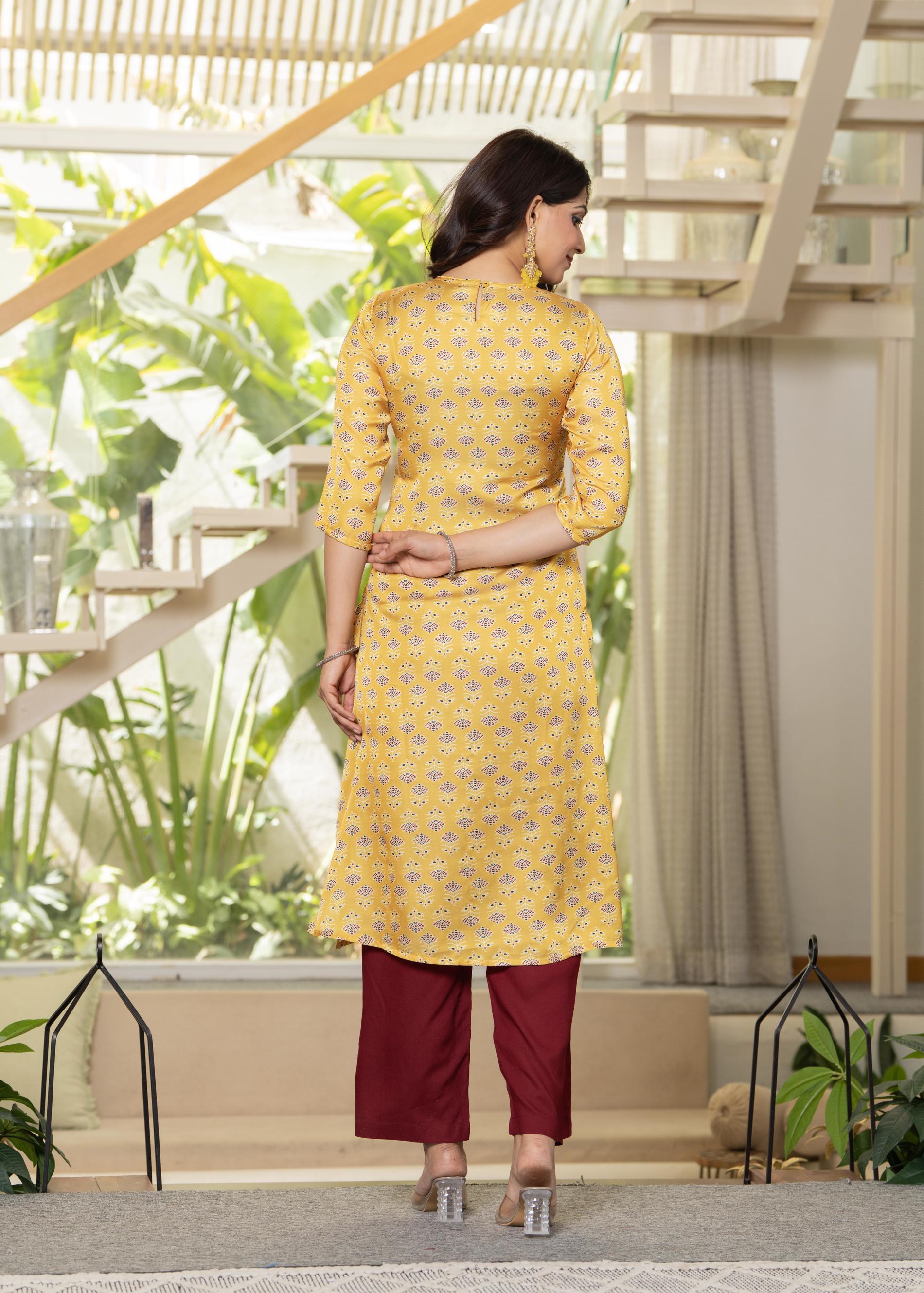 Yellow Floral Poly Kurta and Pants Set with Mirror, Thread Work and Te