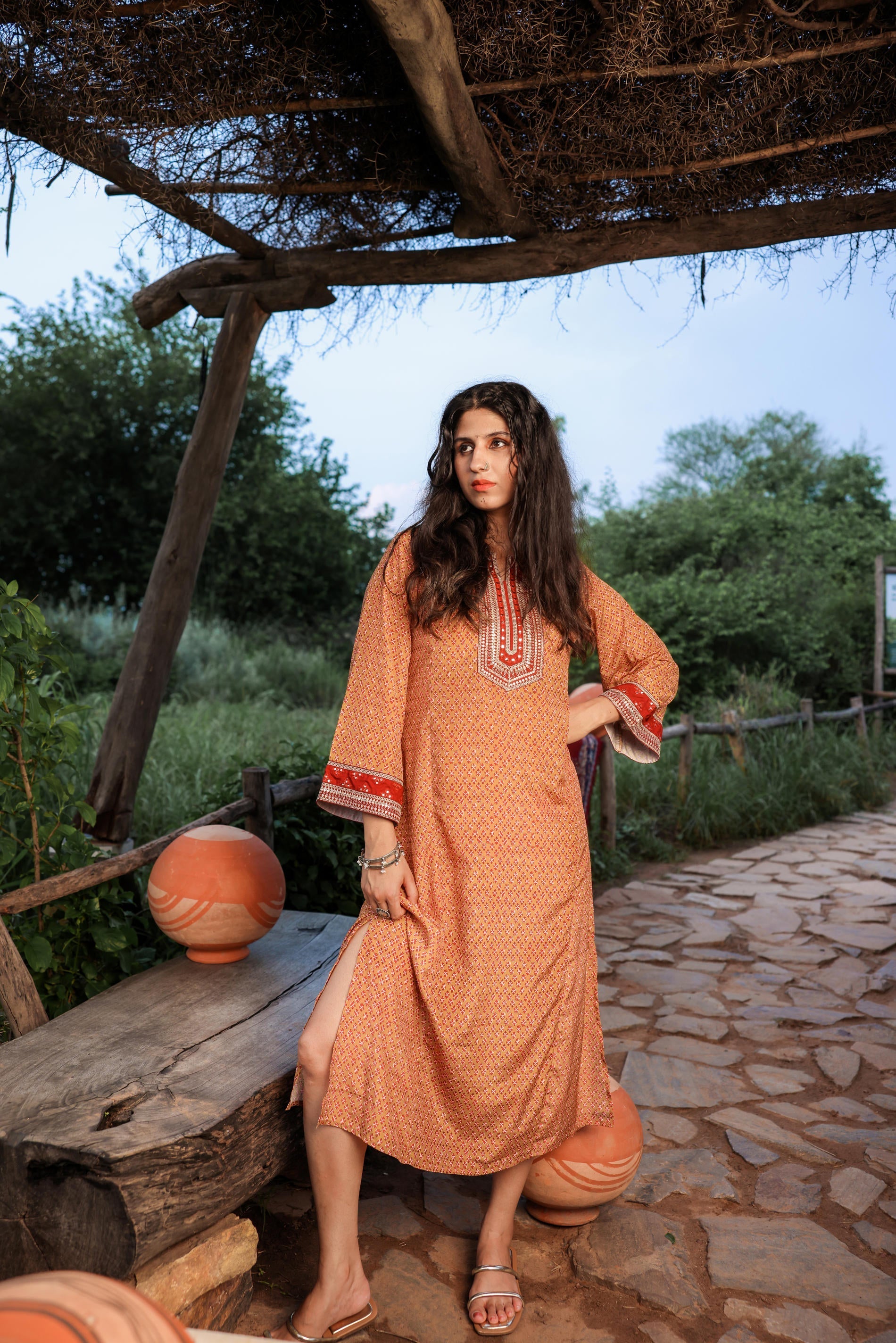 Mustard Embroidered A-Line Kurta with Mirror & Thread Work | DesiQlo