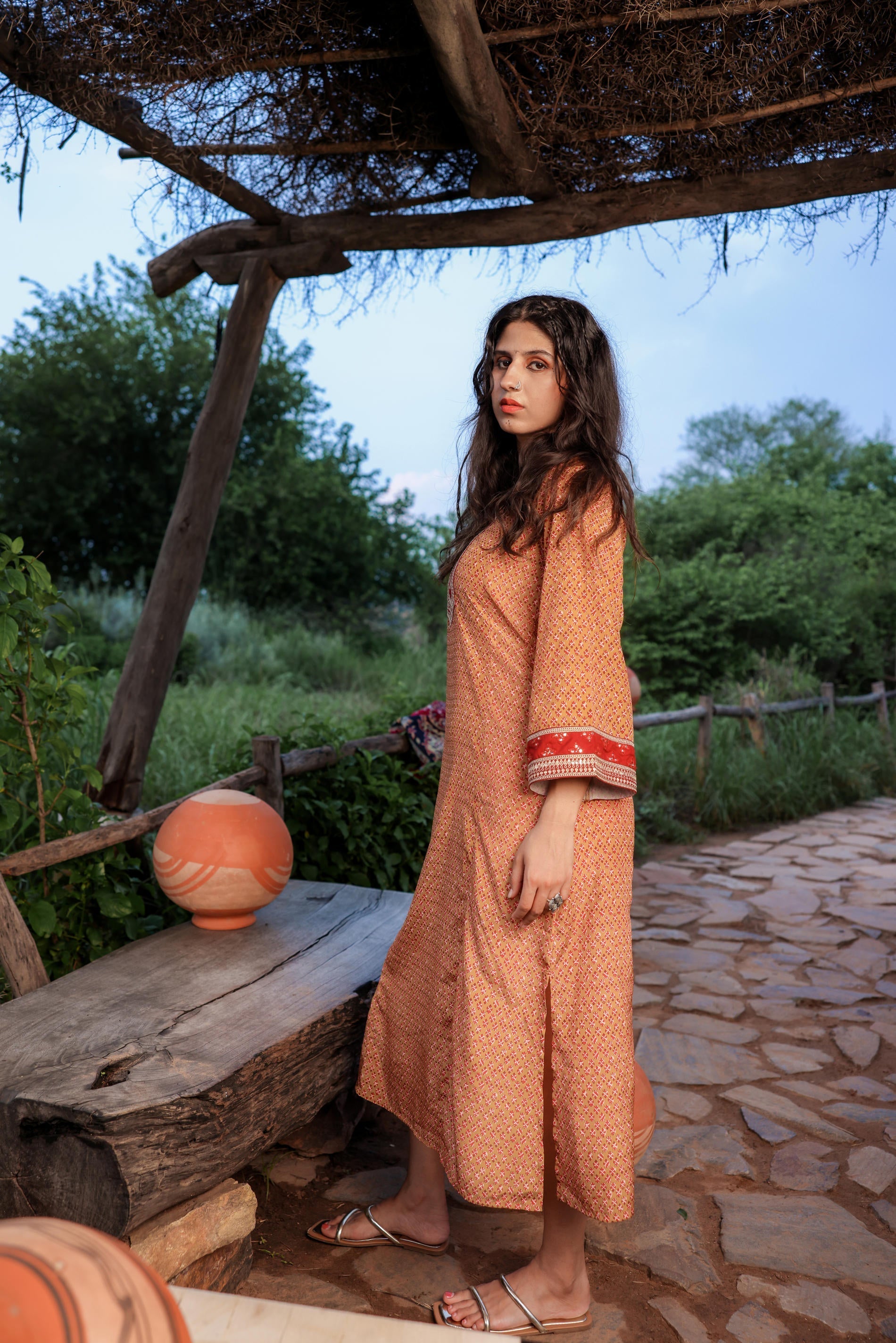 Mustard Embroidered A-Line Kurta with Mirror & Thread Work | DesiQlo