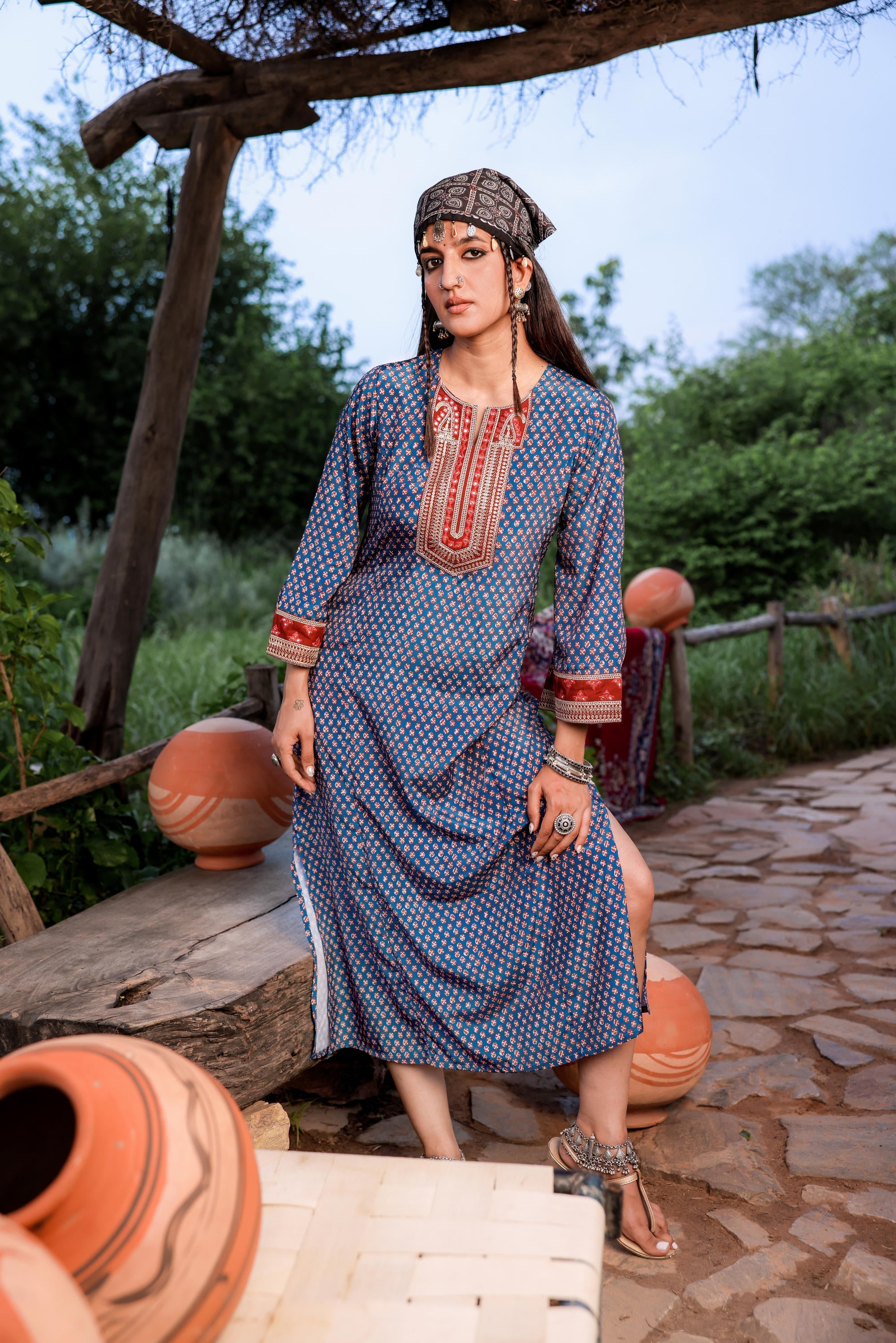 Teal Ethnic Motif Embroidered A-Line Kurta with Zari & Mirror Work | D