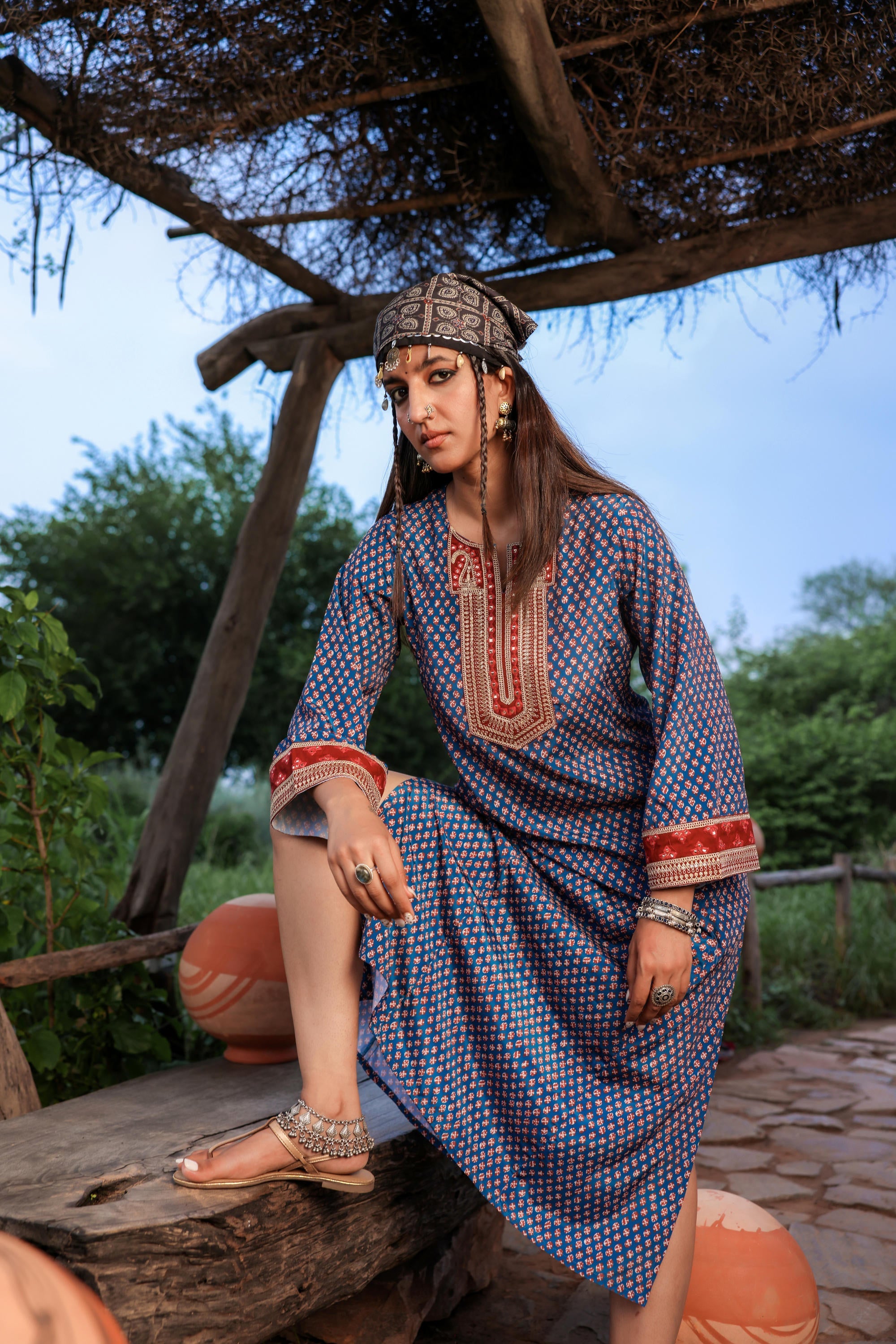 Teal Ethnic Motif Embroidered A-Line Kurta with Zari & Mirror Work | D