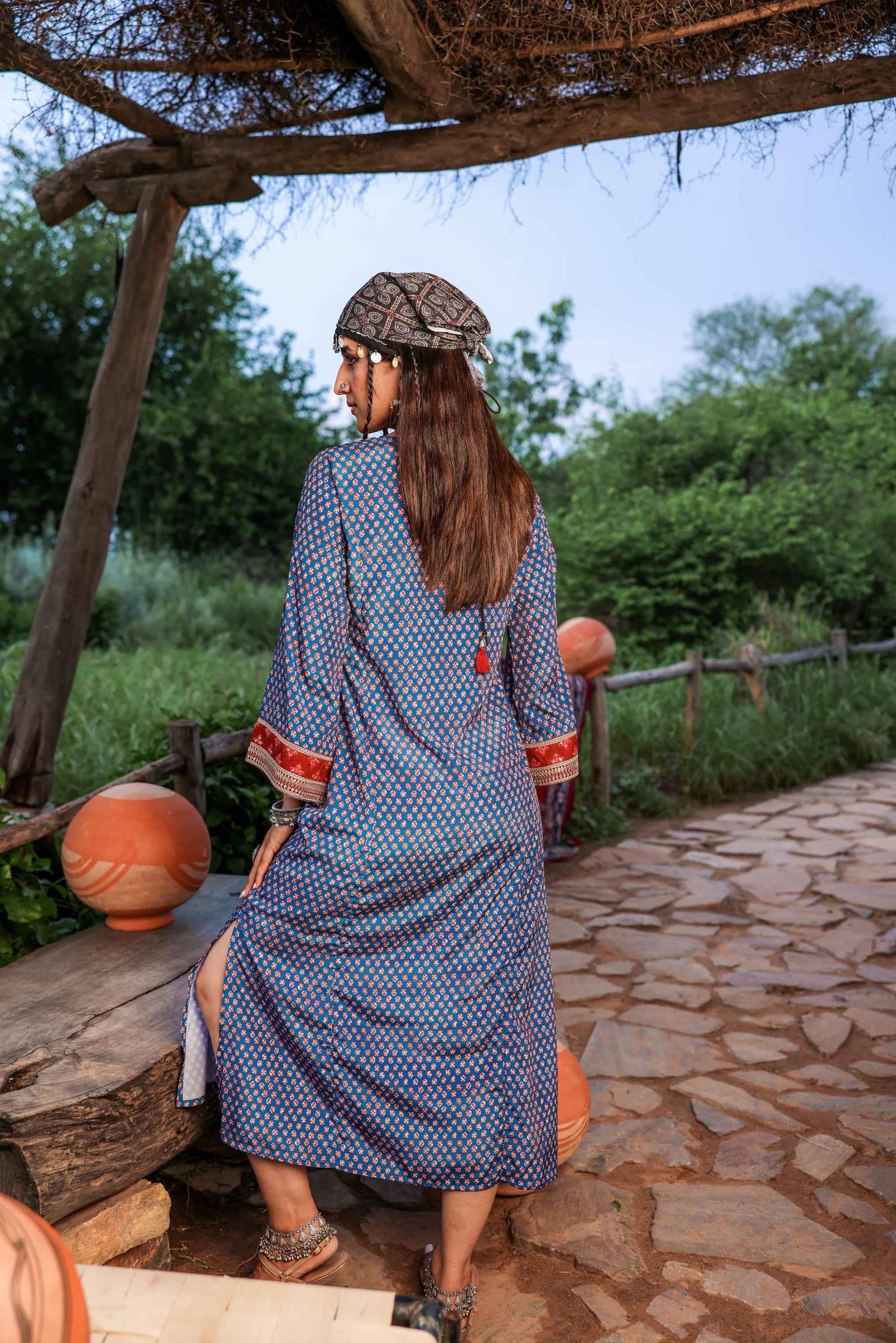Teal Ethnic Motif Embroidered A-Line Kurta with Zari & Mirror Work | D