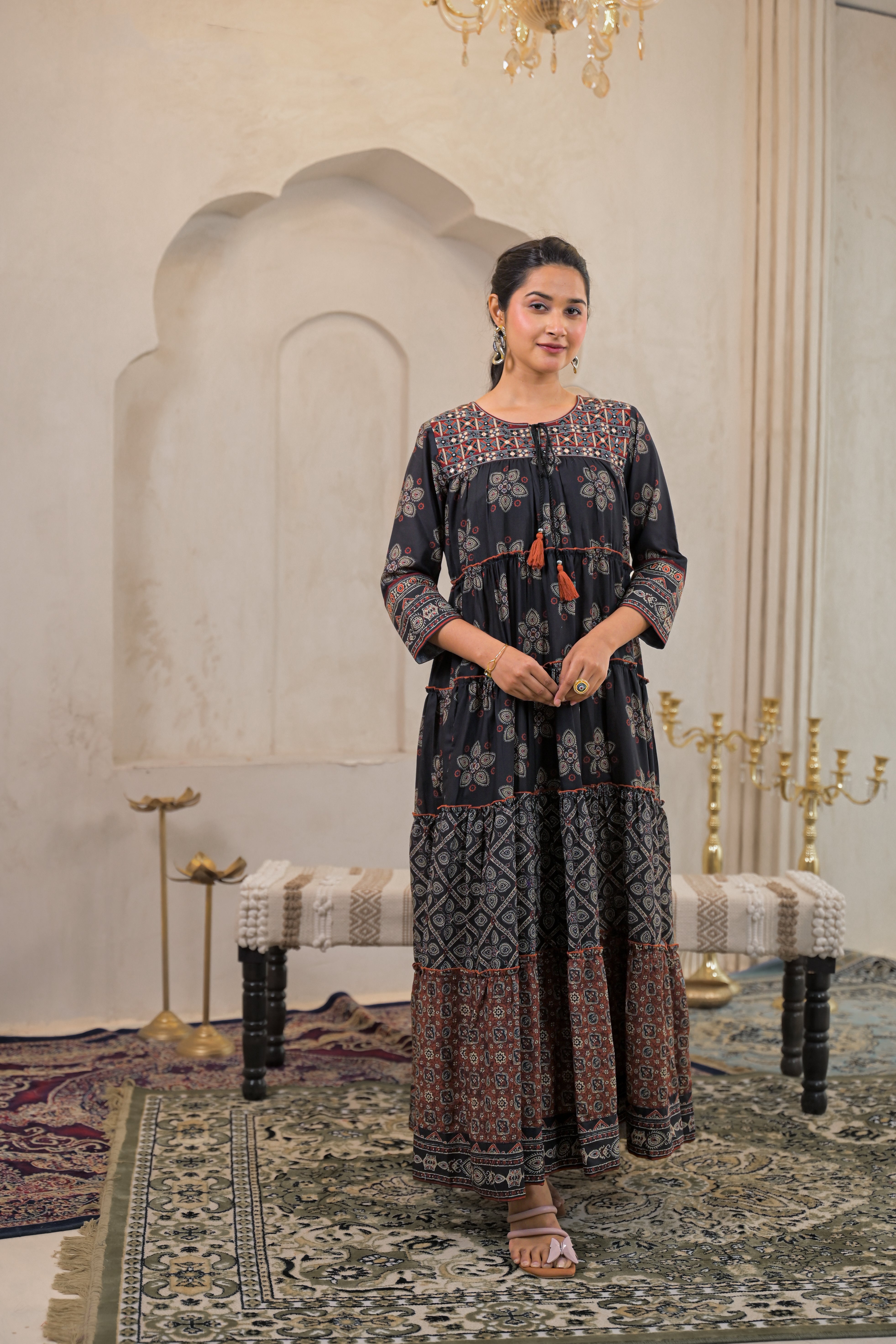 Black Manmade Fiber Ethnic Tiered Flared Longdress With Mirror & Threa