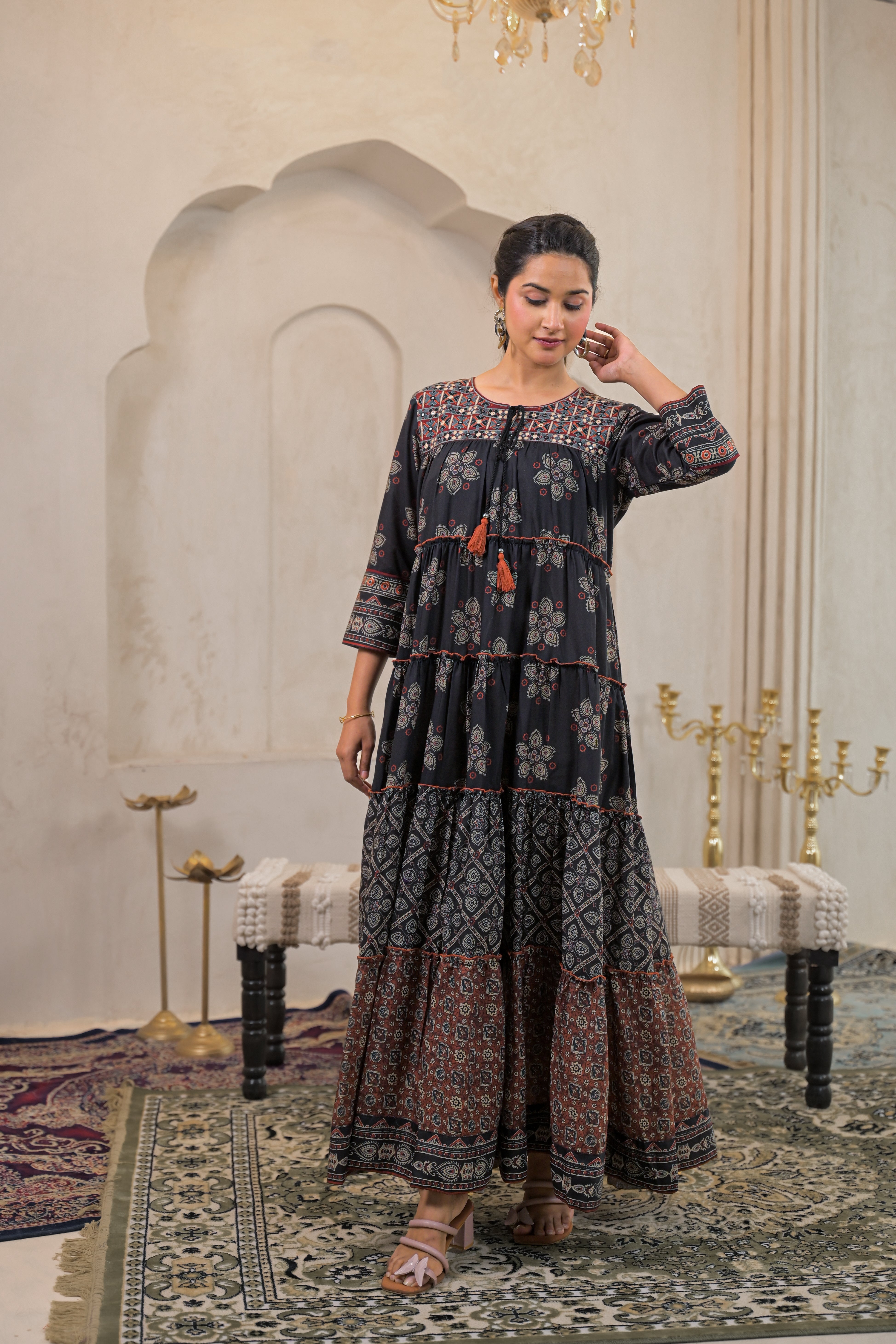 Black Manmade Fiber Ethnic Tiered Flared Longdress With Mirror & Threa