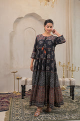 Black Manmade Fiber Ethnic Tiered Flared Longdress With Mirror & Thread Work