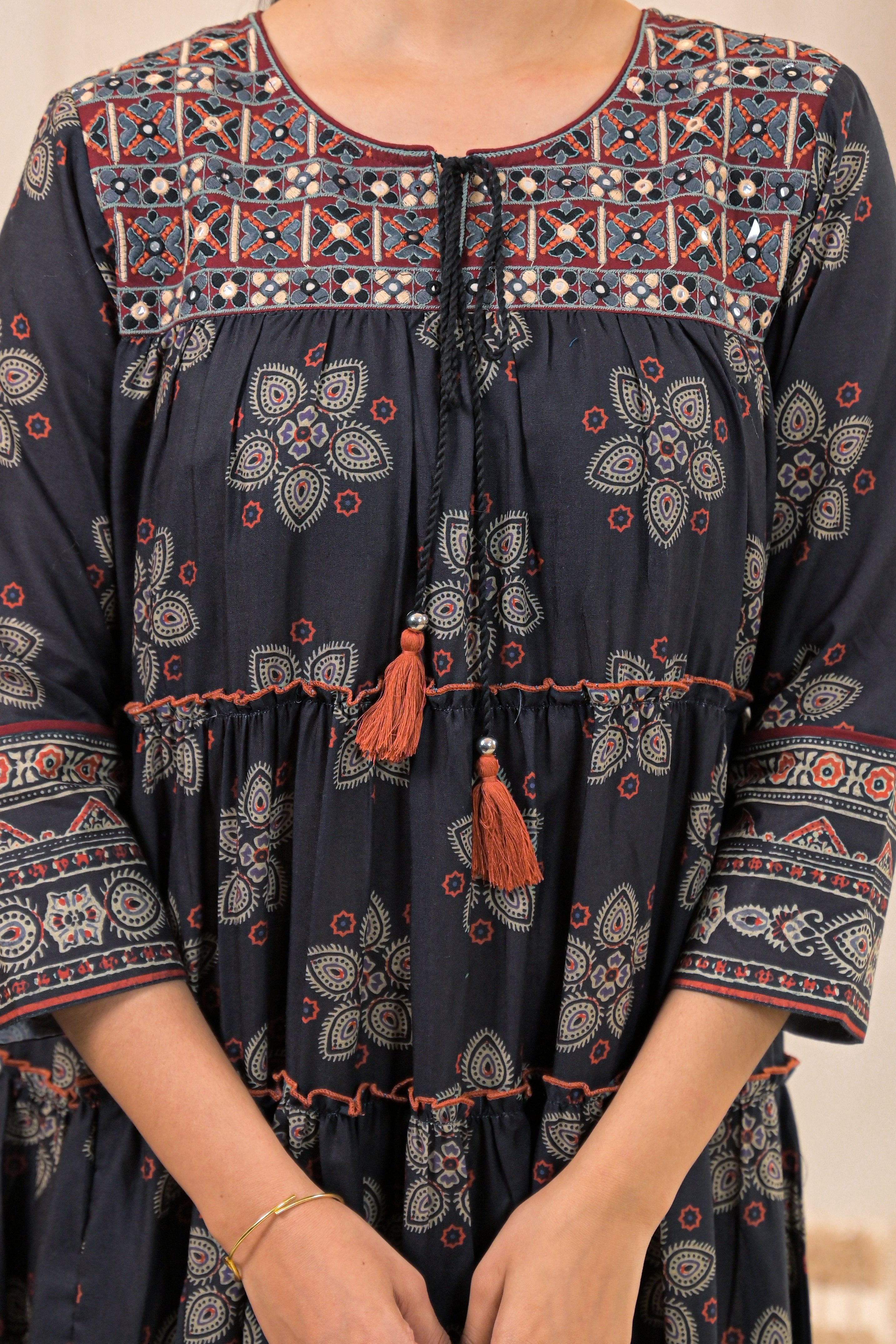 Black Manmade Fiber Ethnic Tiered Flared Longdress With Mirror & Threa