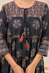 Black Manmade Fiber Ethnic Tiered Flared Longdress With Mirror & Thread Work