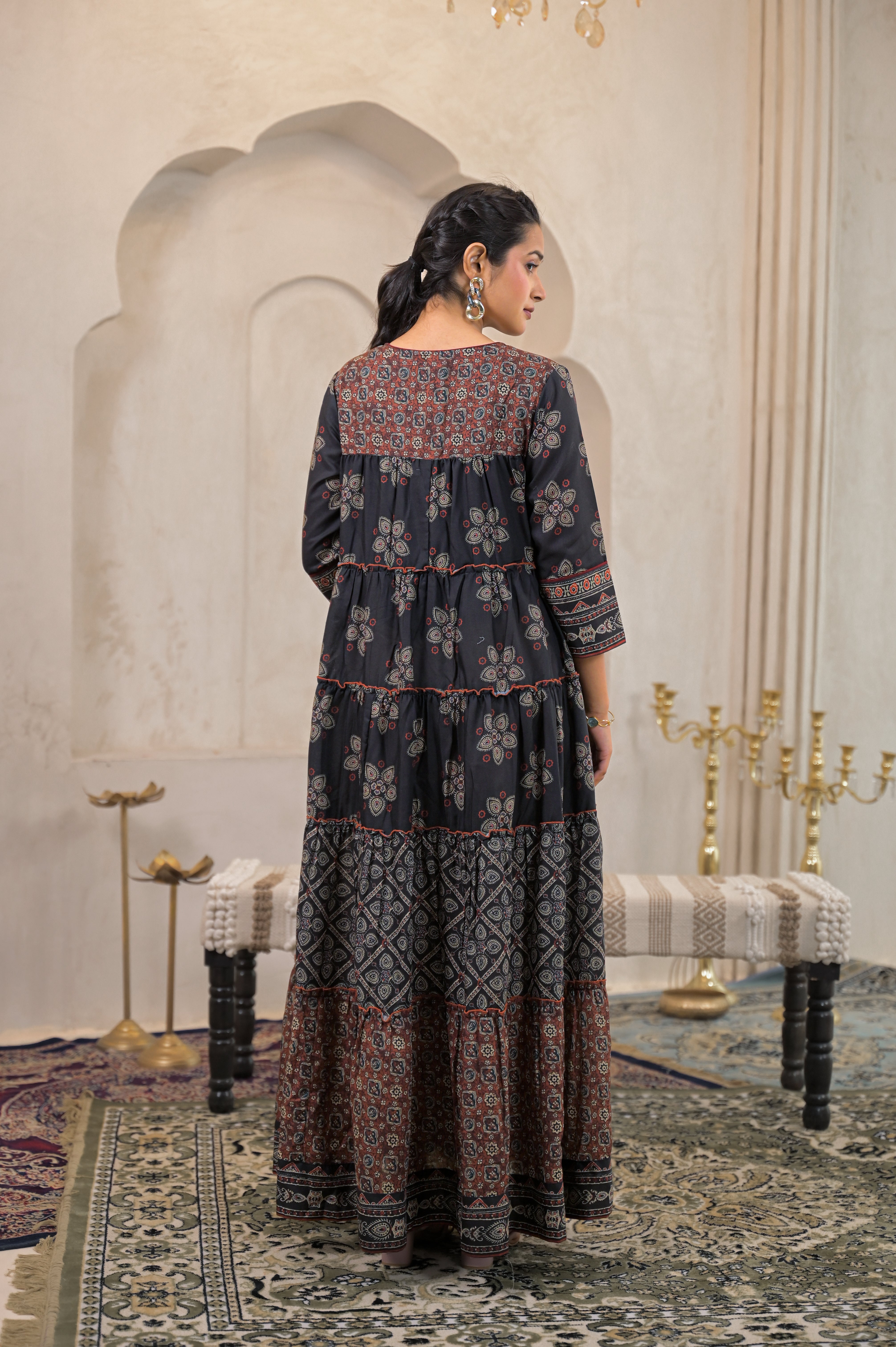 Black Manmade Fiber Ethnic Tiered Flared Longdress With Mirror & Threa