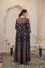 Black Manmade Fiber Ethnic Tiered Flared Longdress With Mirror & Thread Work