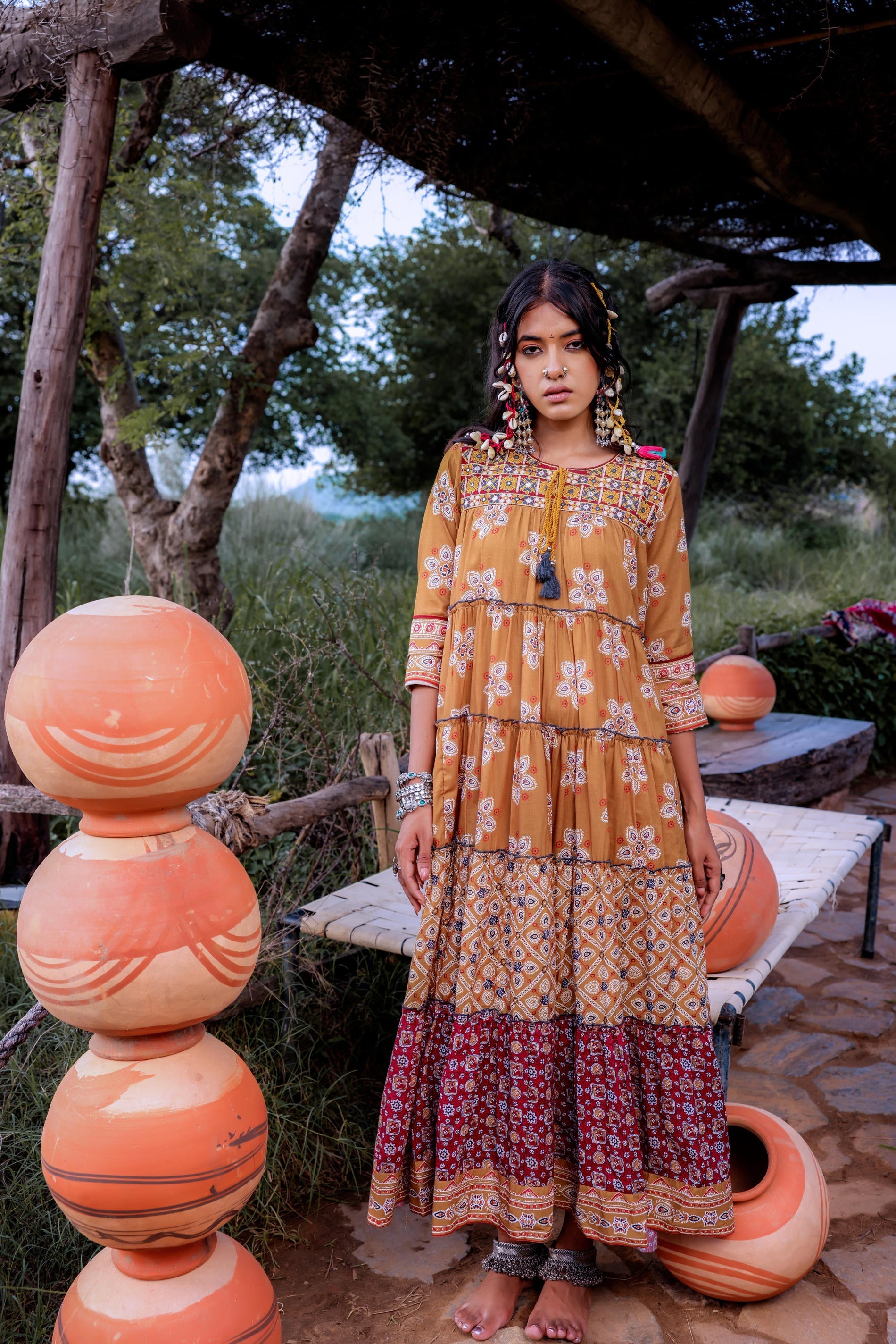 Mustard Embroidered Anarkali Long Dress with Tassels & Mirror Work | D