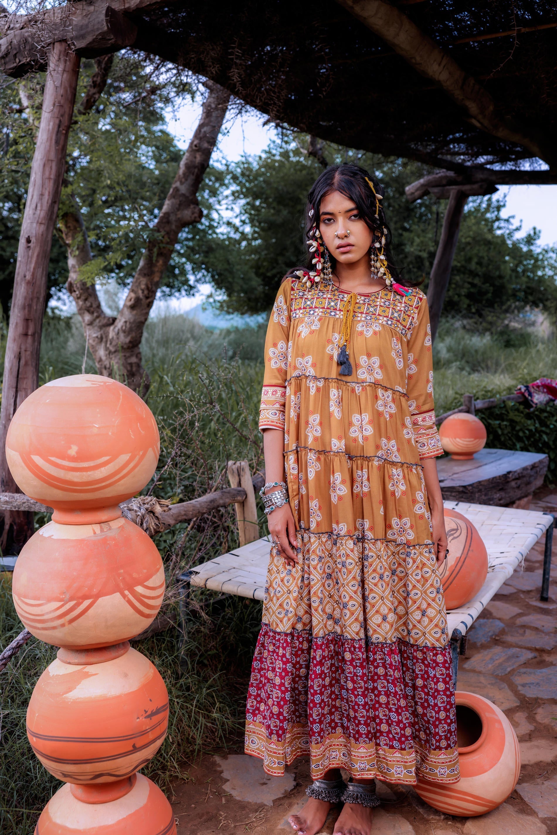 Mustard Embroidered Anarkali Long Dress with Tassels & Mirror Work | D