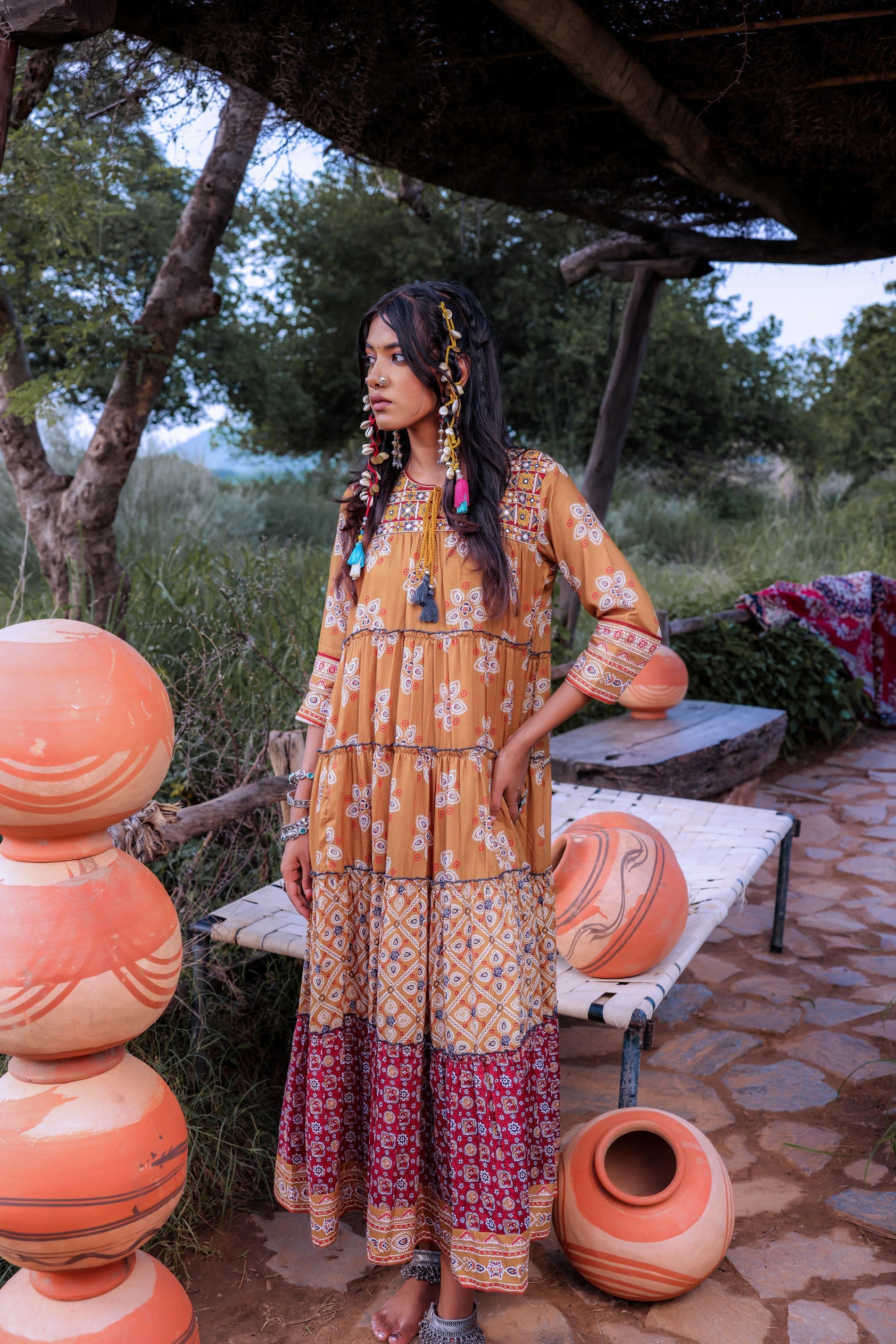 Mustard Embroidered Anarkali Long Dress with Tassels & Mirror Work | D