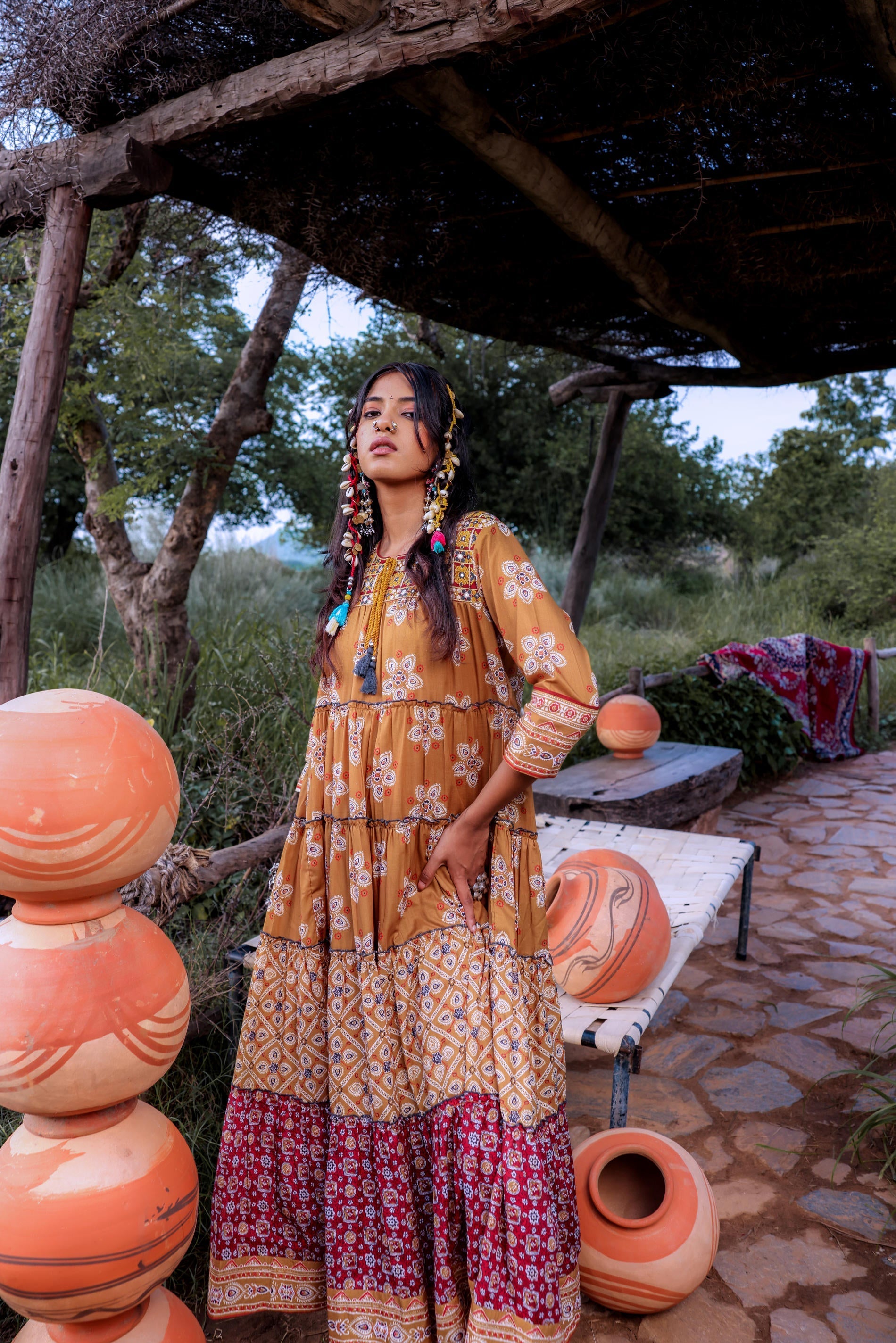 Mustard Embroidered Anarkali Long Dress with Tassels & Mirror Work | D