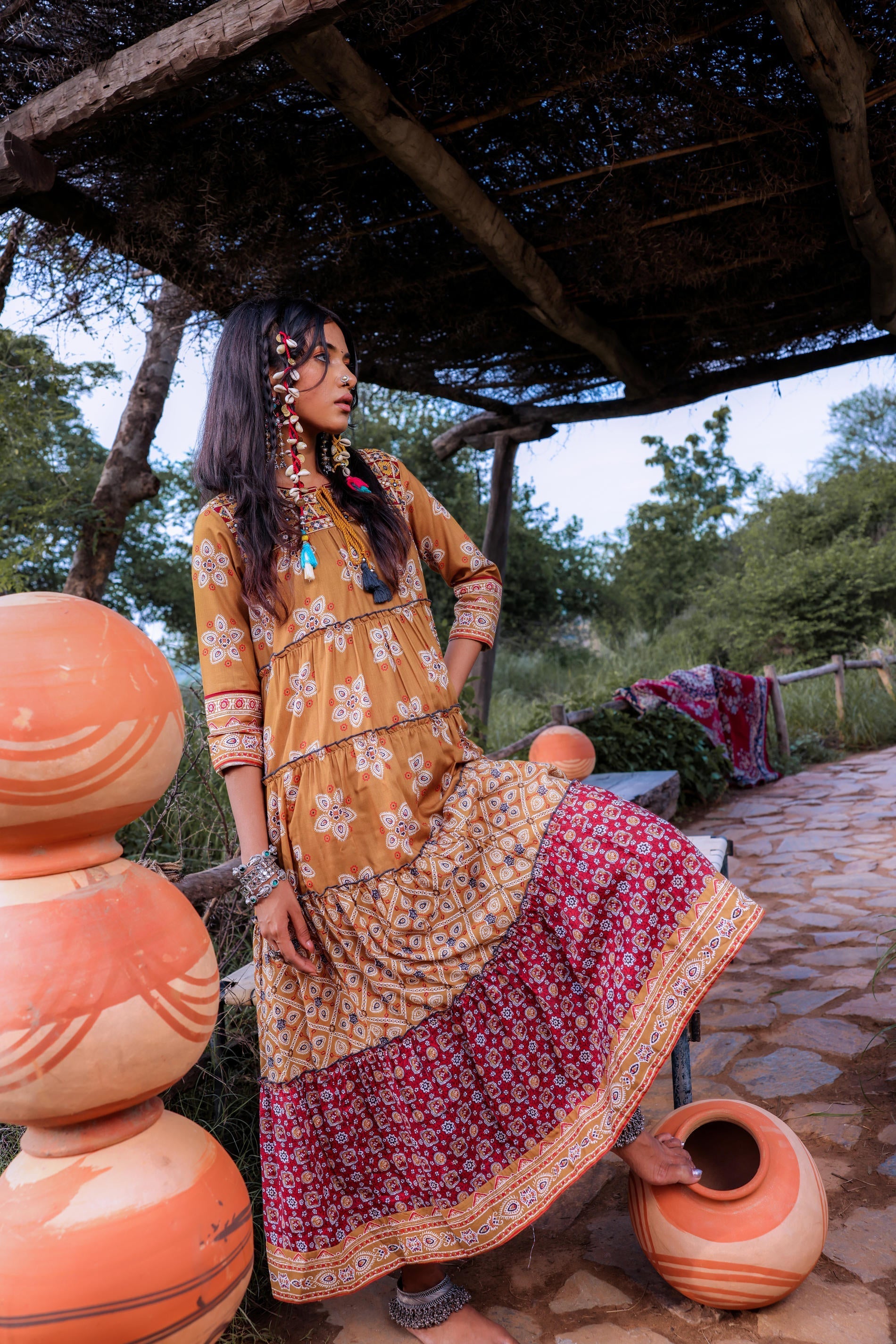 Mustard Embroidered Anarkali Long Dress with Tassels & Mirror Work | D