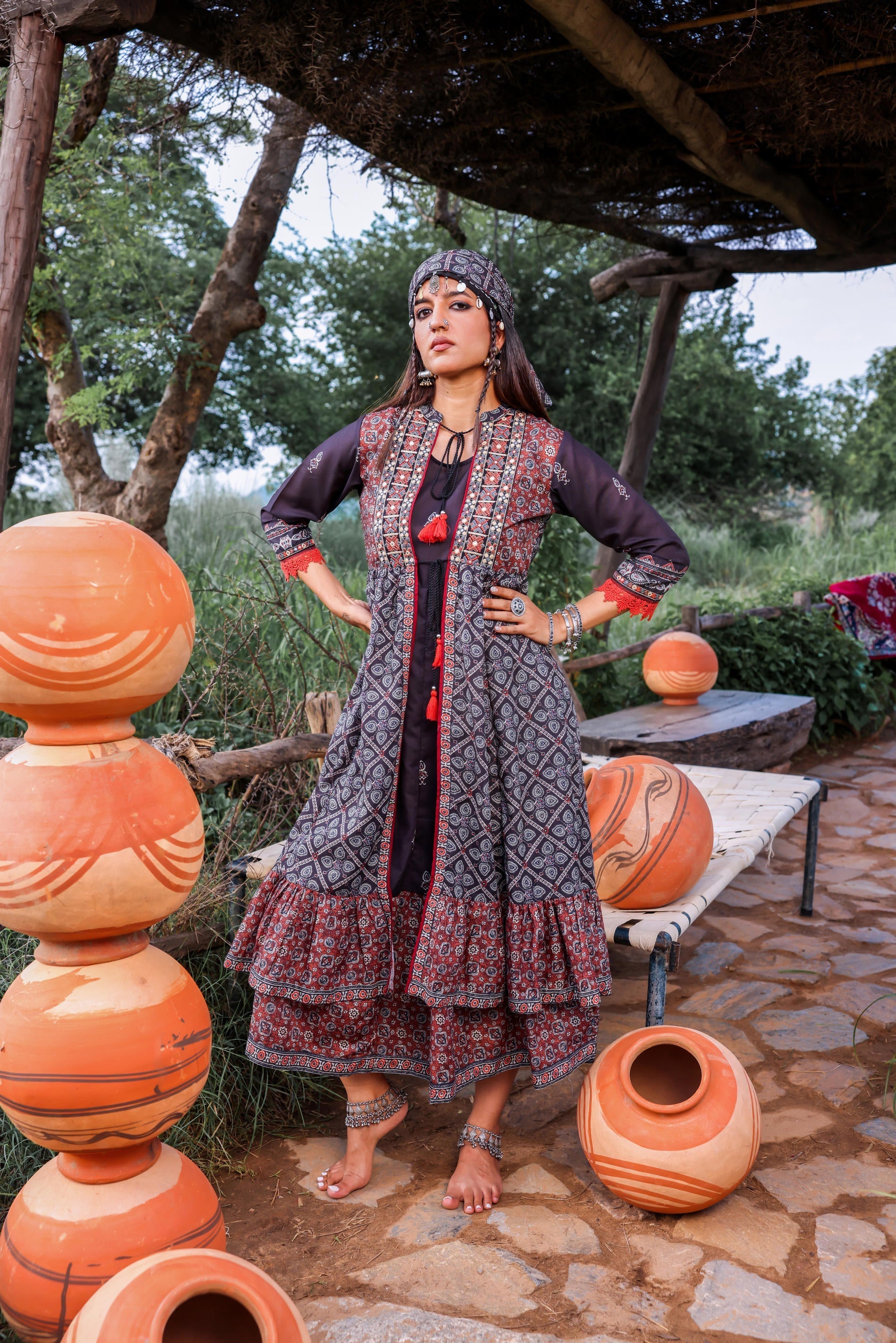 Black Embroidered Double-Layered Long Dress with Inner & Mirror Work |