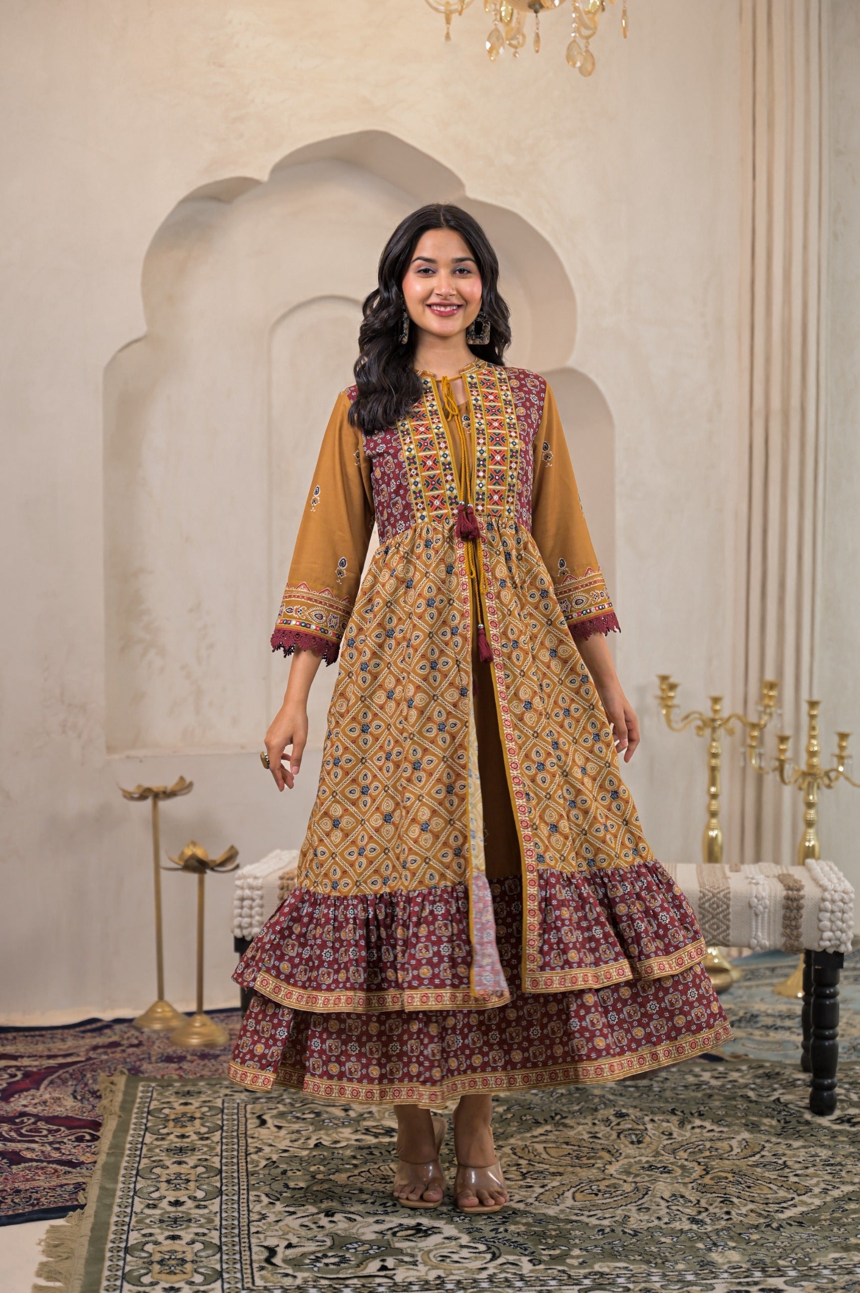 Mustard Manmade Fiber Ethnic Double Layered Flared Longdress With Inne