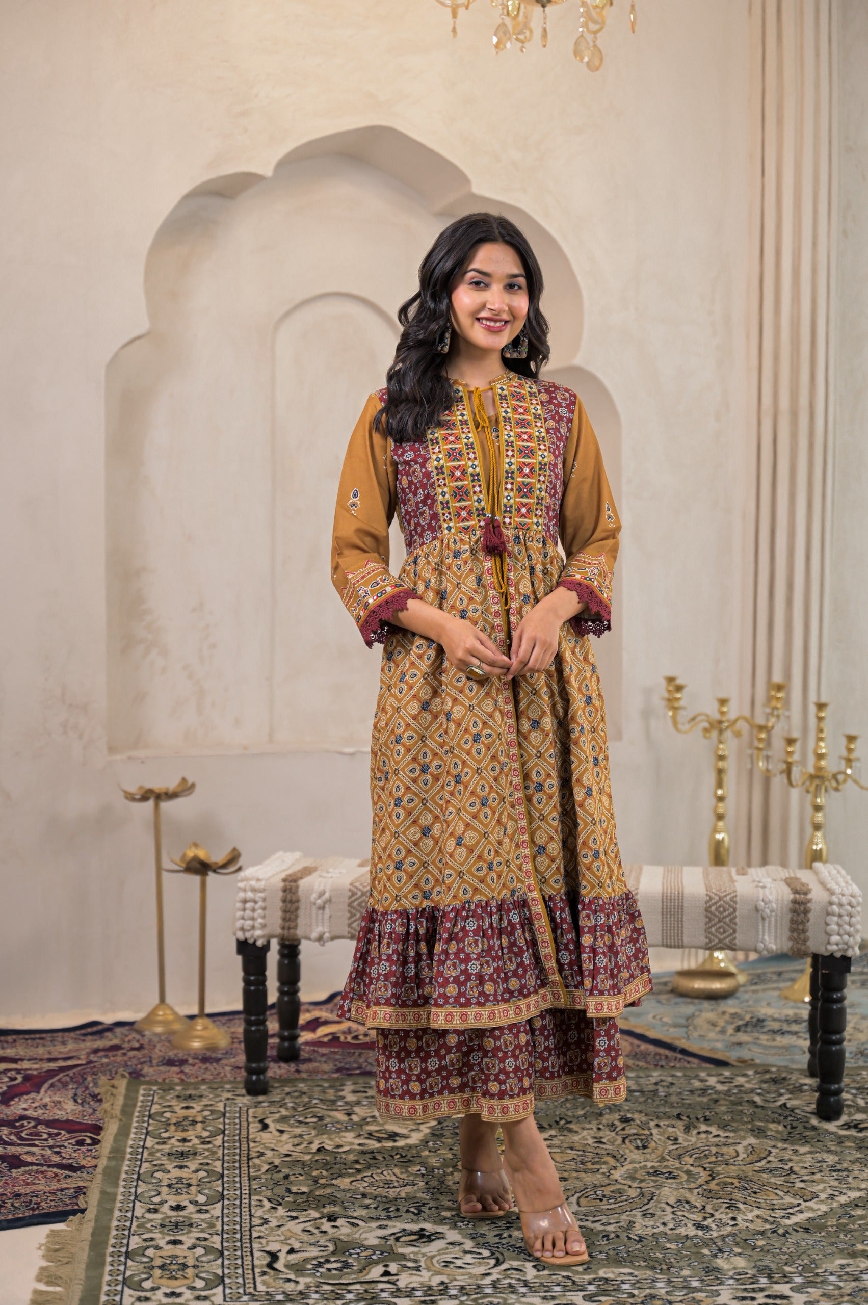 Mustard Manmade Fiber Ethnic Double Layered Flared Longdress With Inne