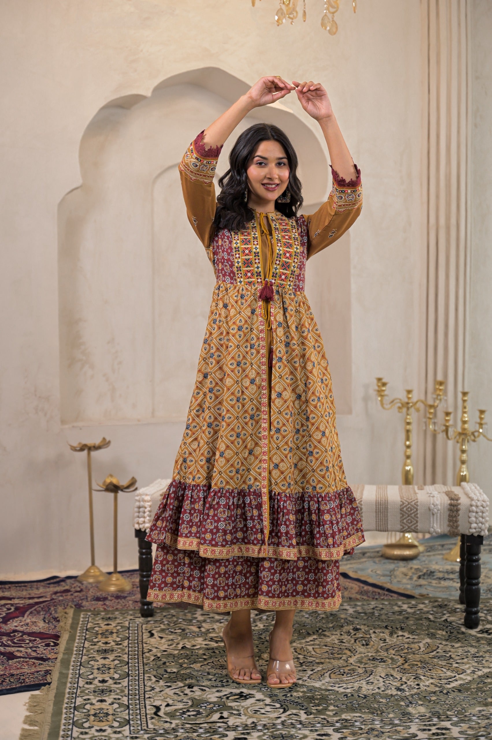Mustard Manmade Fiber Ethnic Double Layered Flared Longdress With Inne